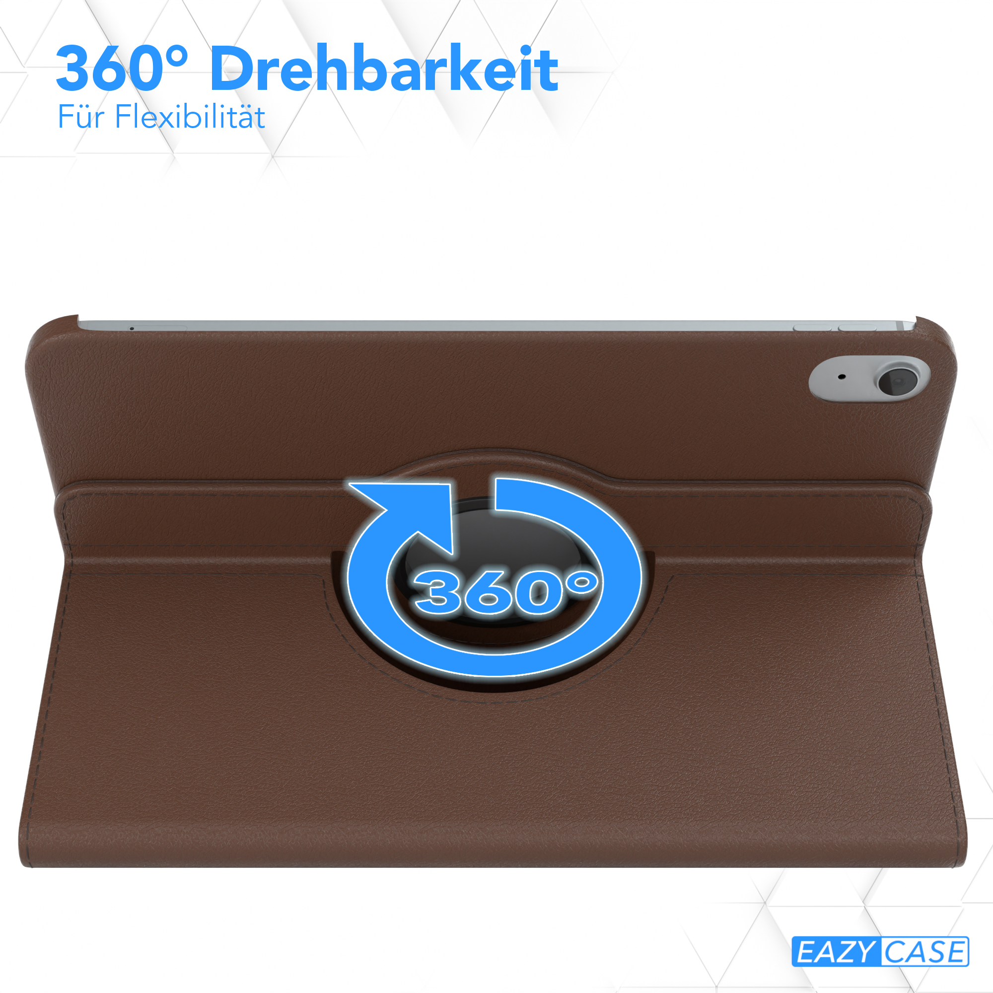 Braune iPad-Hülle mit drehbarem Ständer, zeigt ein 360-Grad-Drehsymbol.