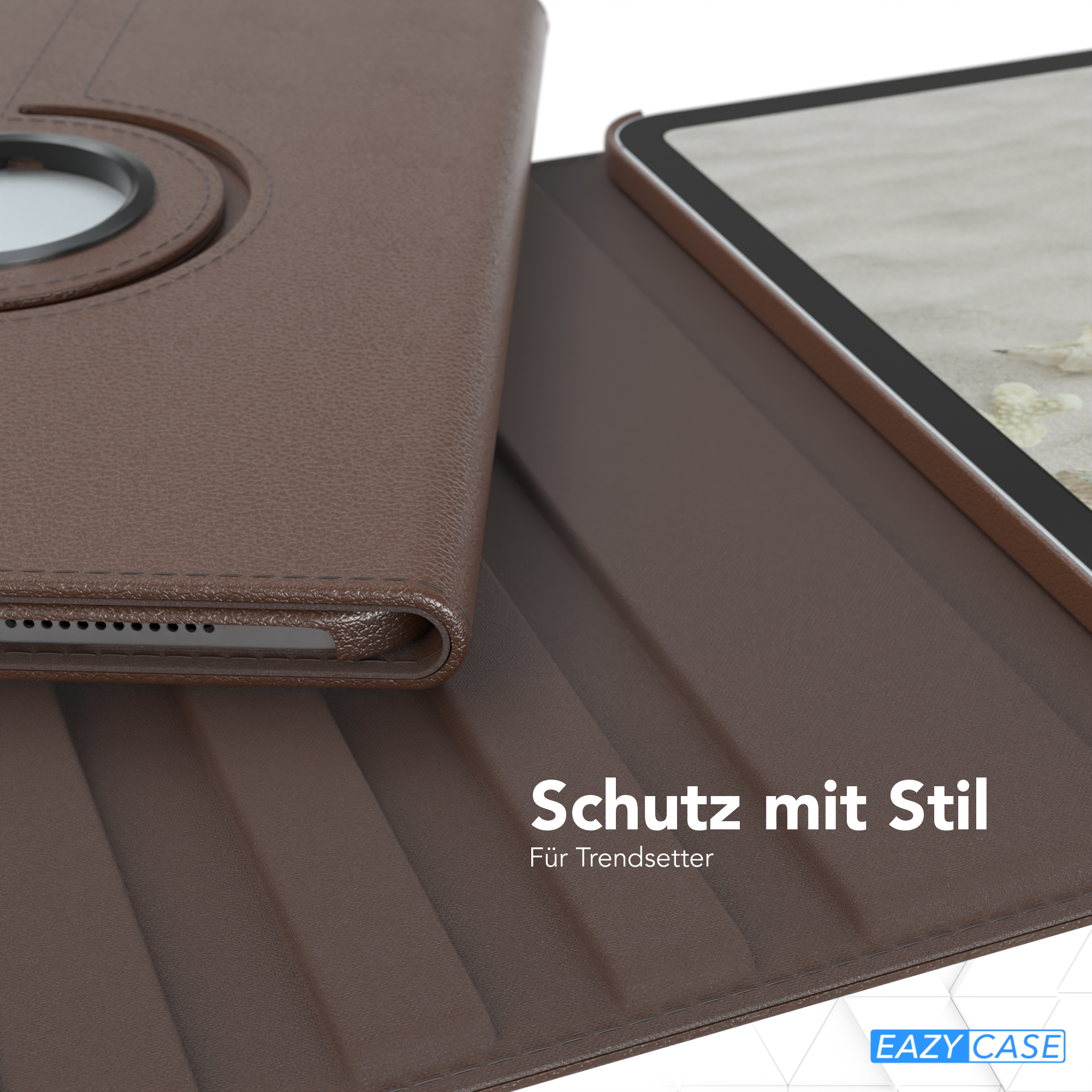 Braune Tablet-Hülle aus Leder mit Drehmechanismus, das Tablet ist teilweise sichtbar.