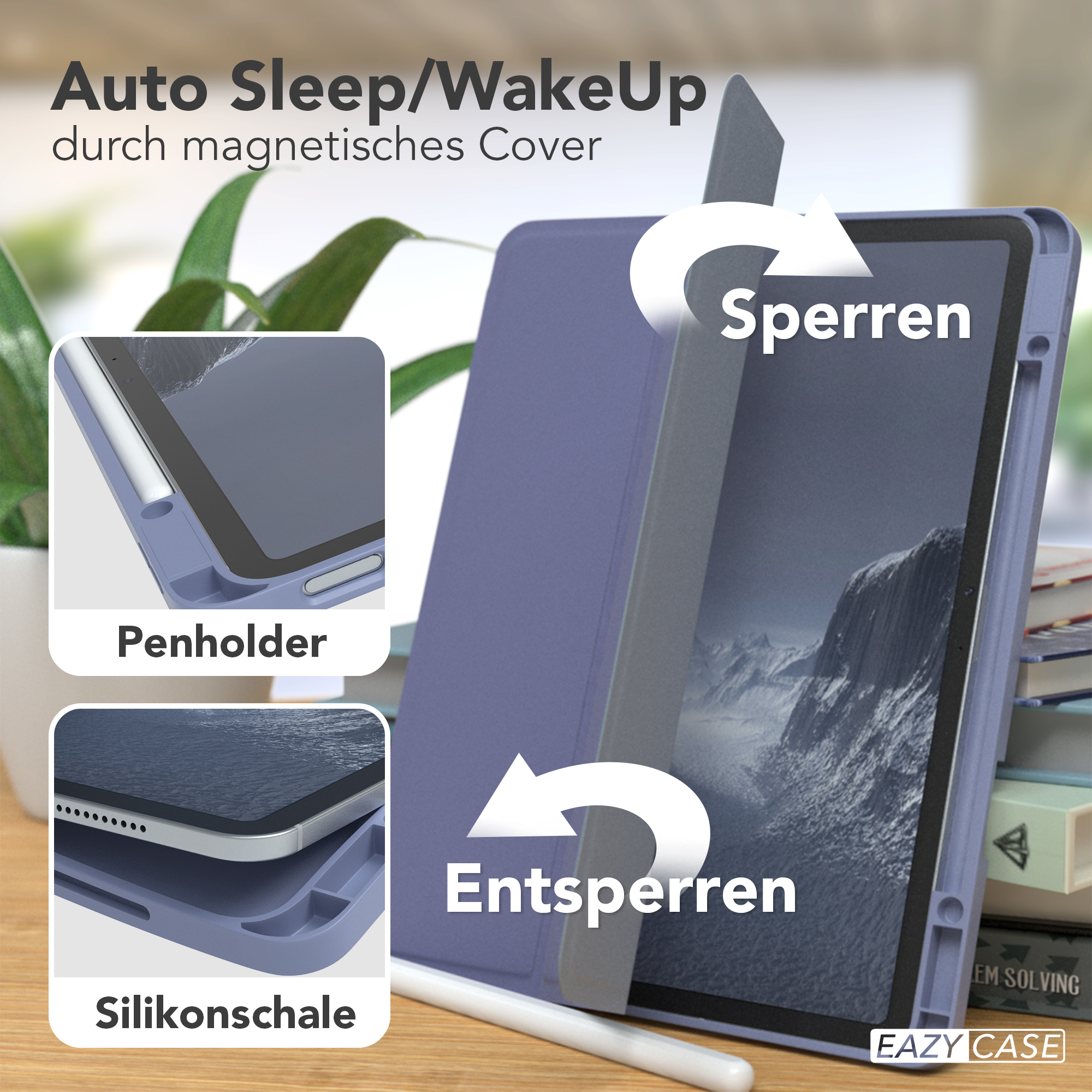 Eine blaue Tabletttasche mit Stifthalter und Nahaufnahme des Tablets. Text auf der Hülle und dem Tablet.