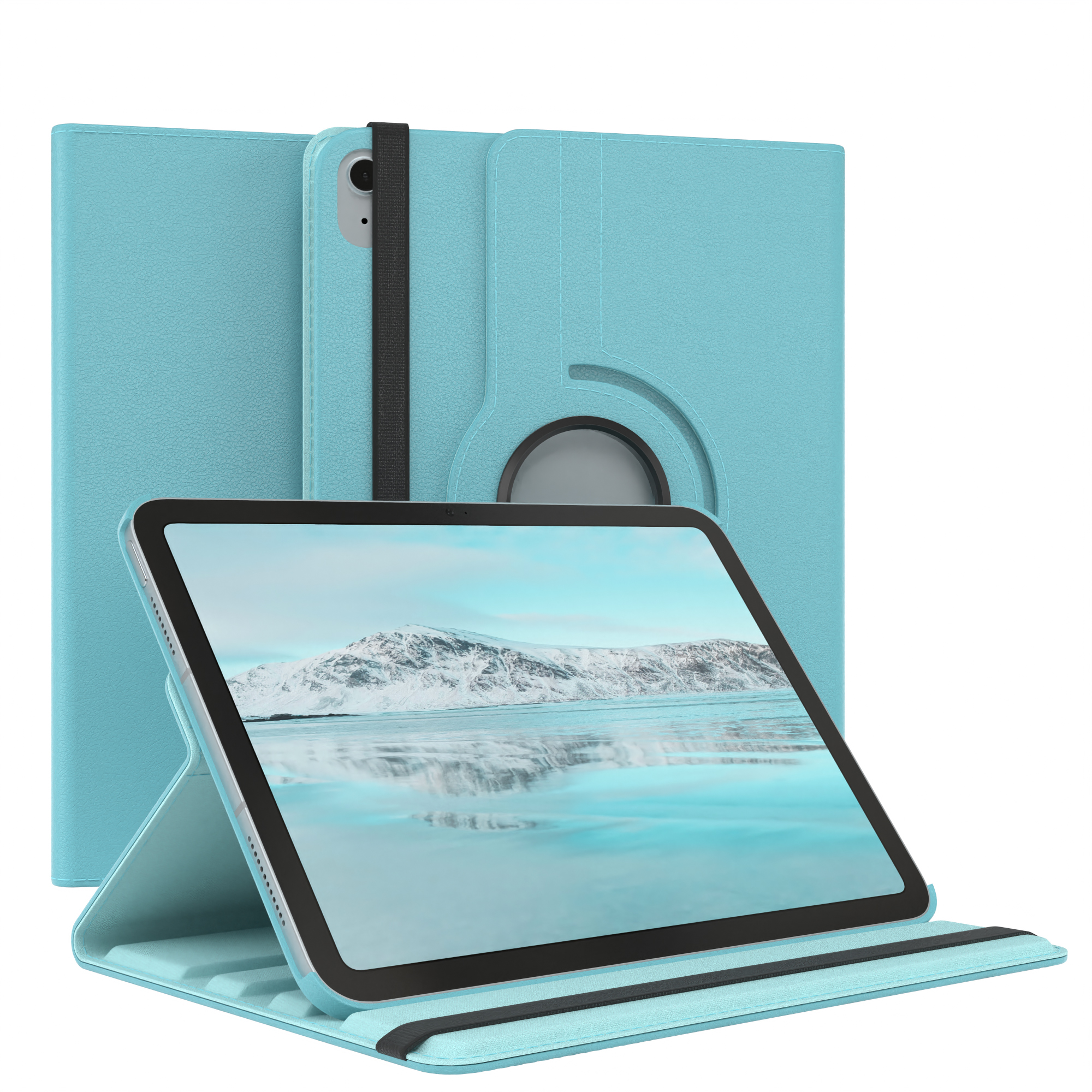 Blaue Tablethülle mit Tablet. Das Tablet zeigt eine Landschaft.