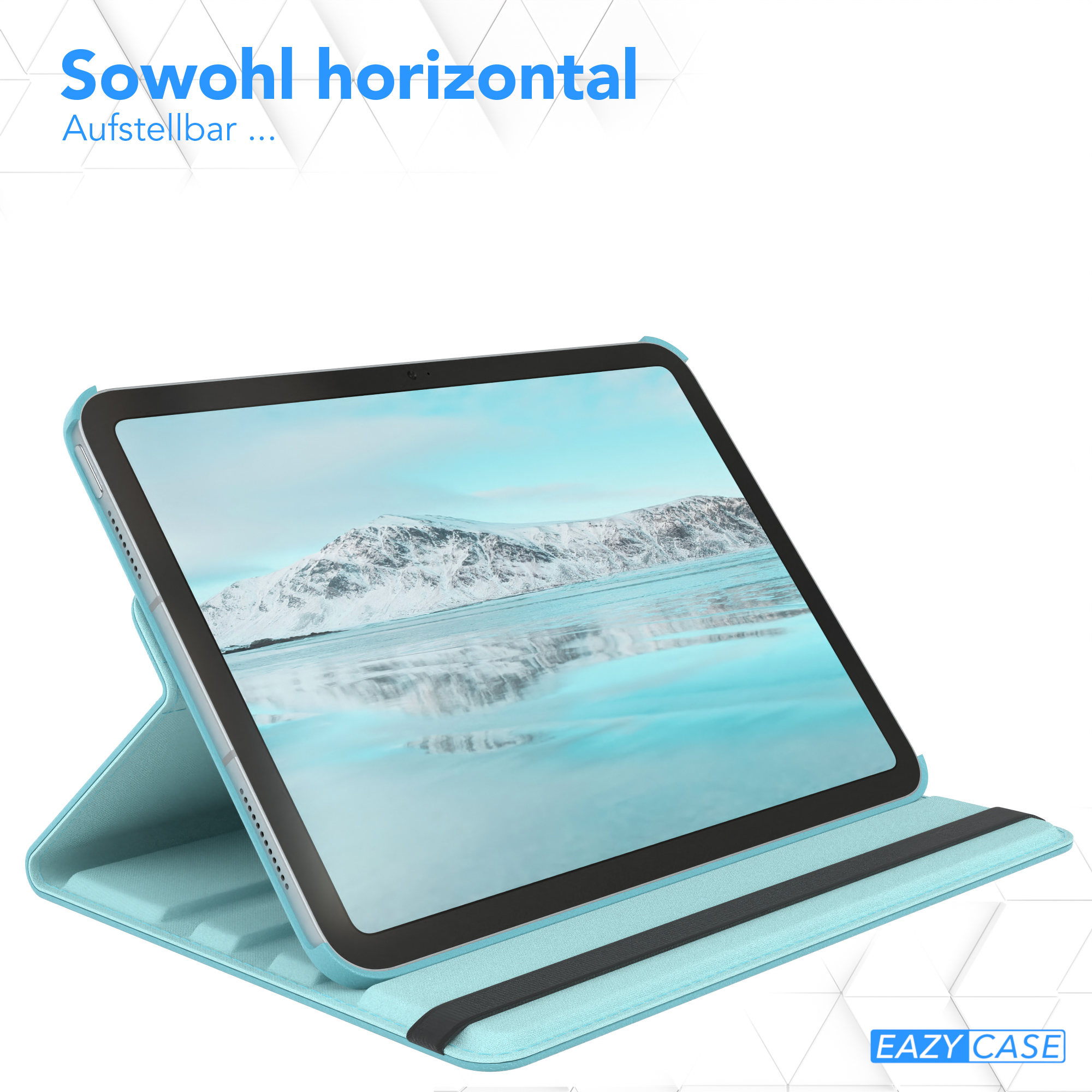 Ein Tablet in einem blauen Gehäuse, aufgestellt. Der Bildschirm zeigt ein Landschaftsbild.
