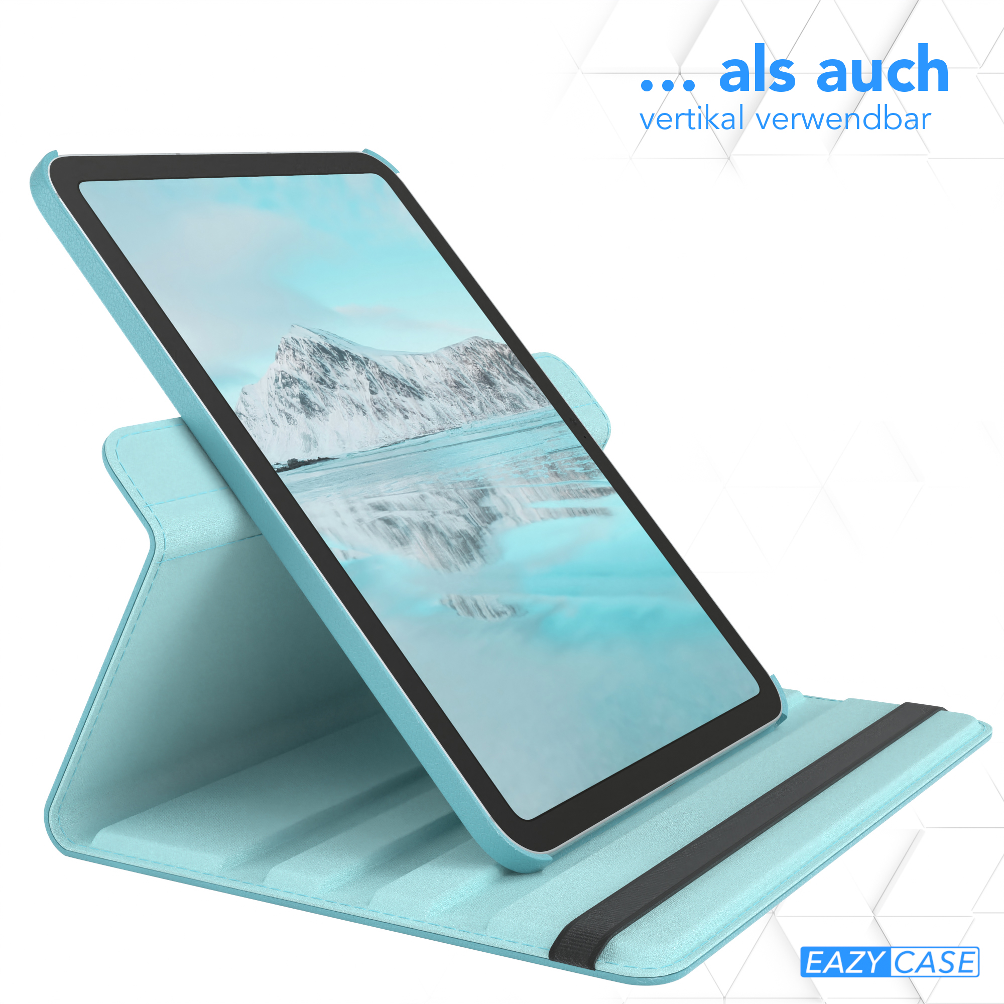 Ein Tablet in einer hellblauen Hülle, aufgestellt, mit einem Landschaftsbild auf dem Bildschirm.