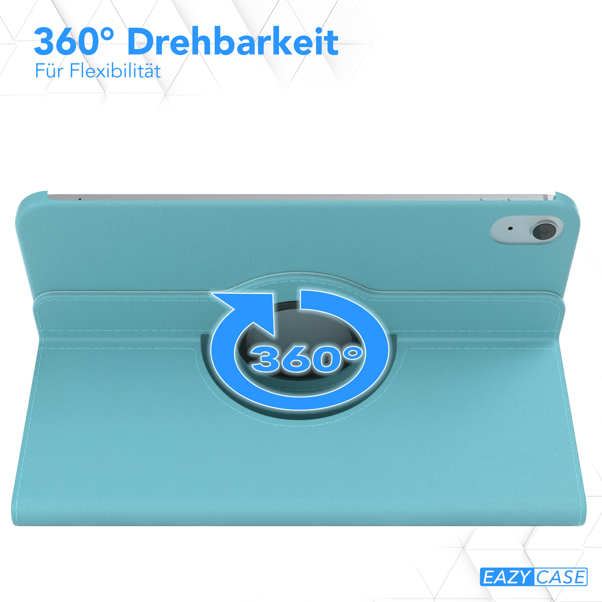 Eine türkis farbene Tablethülle mit 360-Grad-Drehfunktion und dem Text "EAZY CASE".