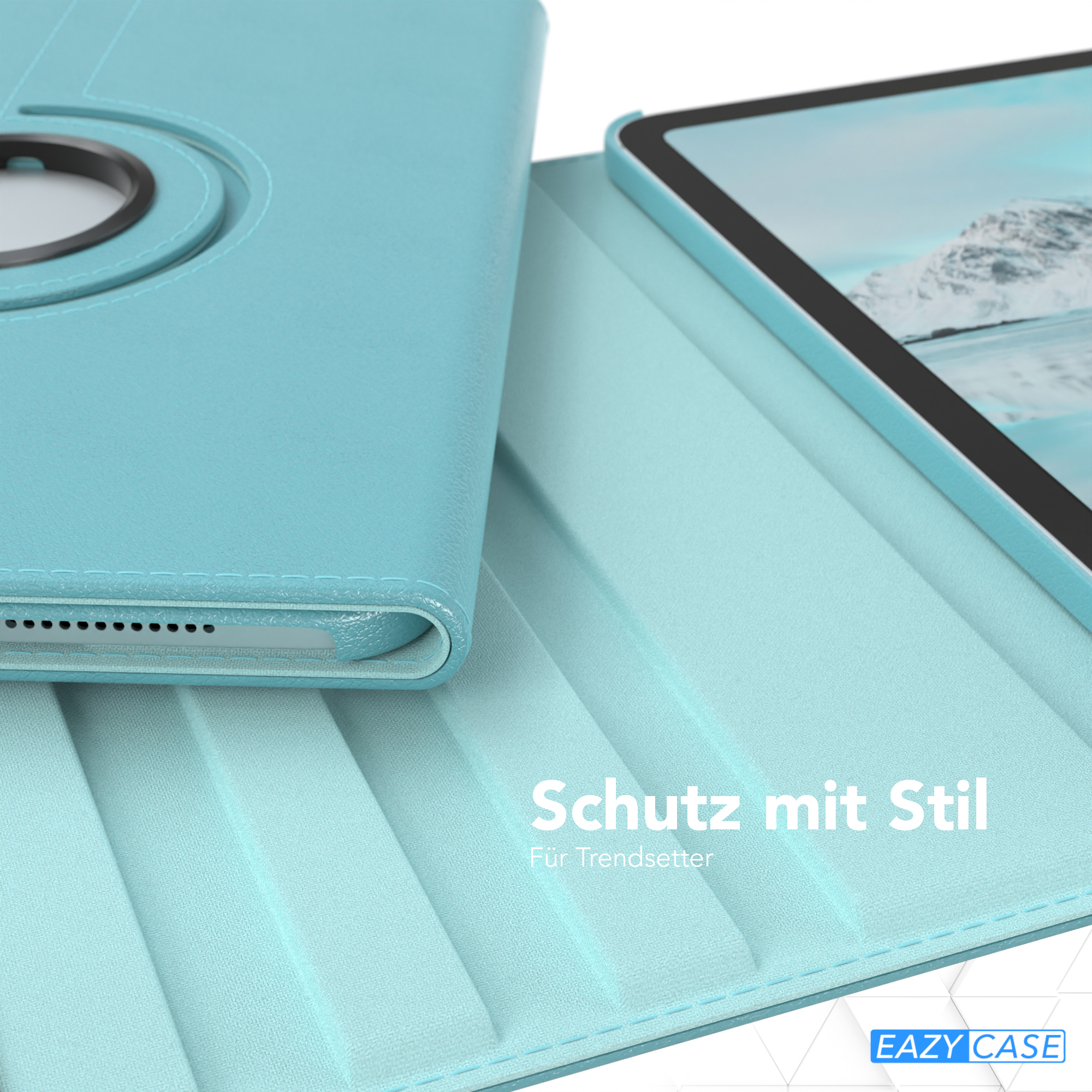 Eine blaue Tablethülle mit einem Tablet darin. Die Hülle hat einen Drehring.