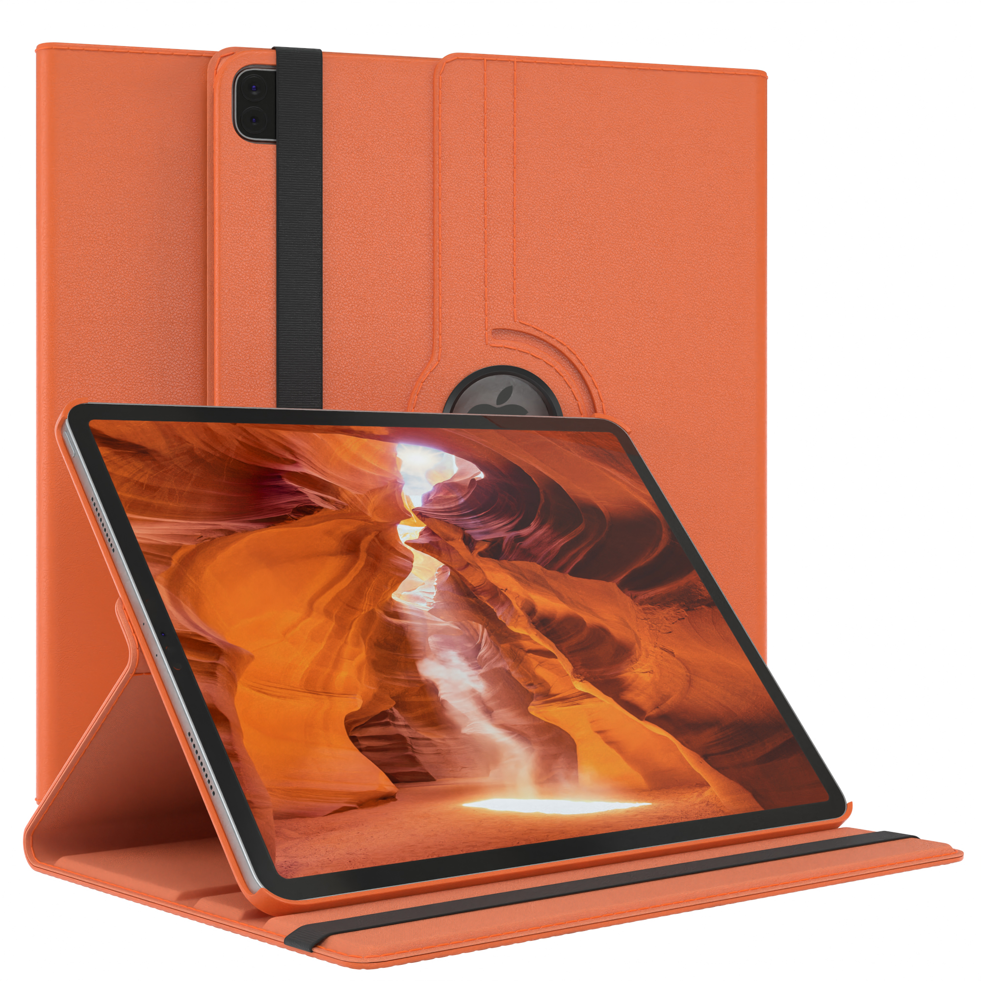 Oranges Tablet in einer orangenen Hülle, angewinkelt. Hintergrund zeigt die Hüllenabdeckung. Canyon.