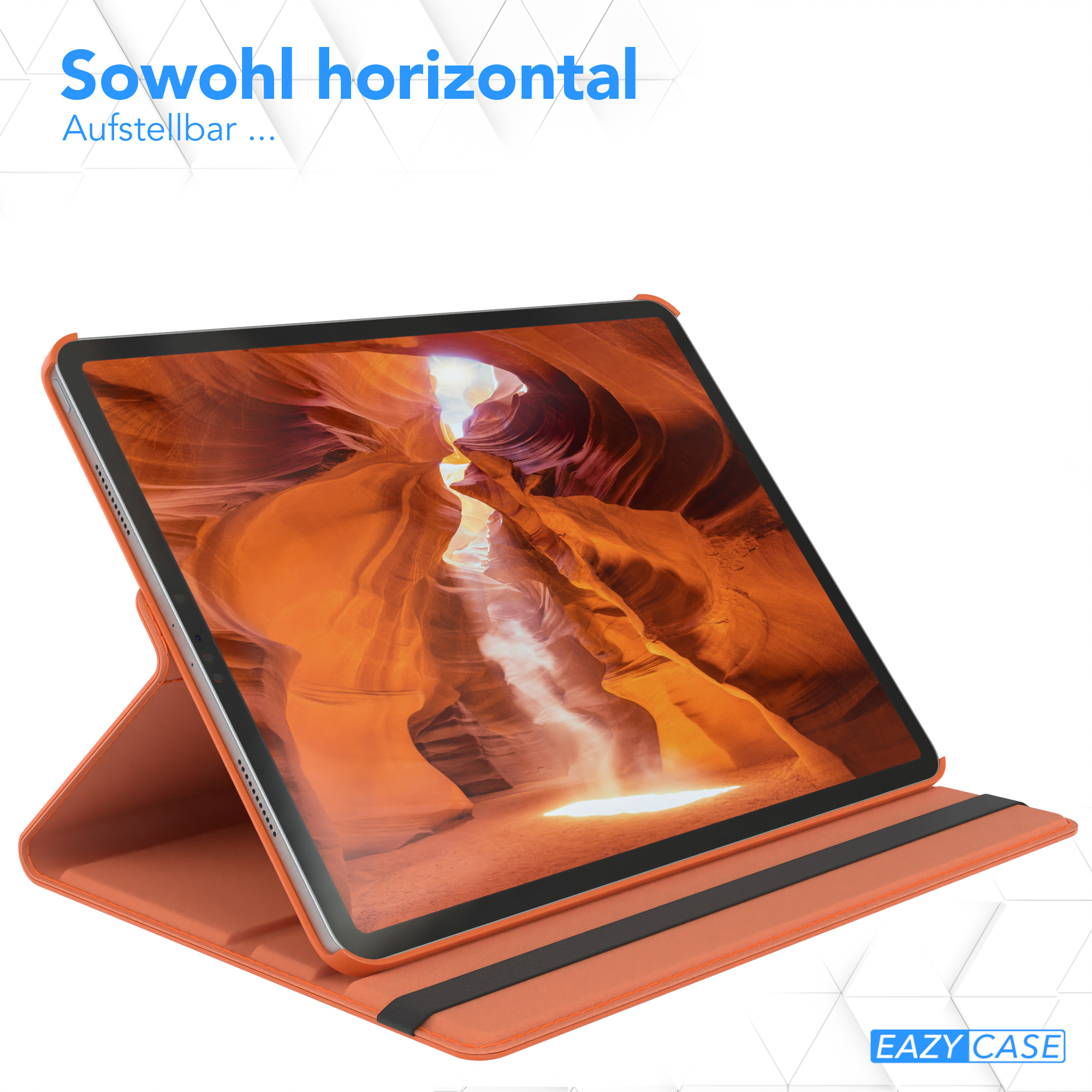 Ein Tablet in einer orangefarbenen Hülle, das aufrecht steht. Die Hülle ermöglicht es, horizontal zu stehen. Der Hintergrund ist ein Canyon.