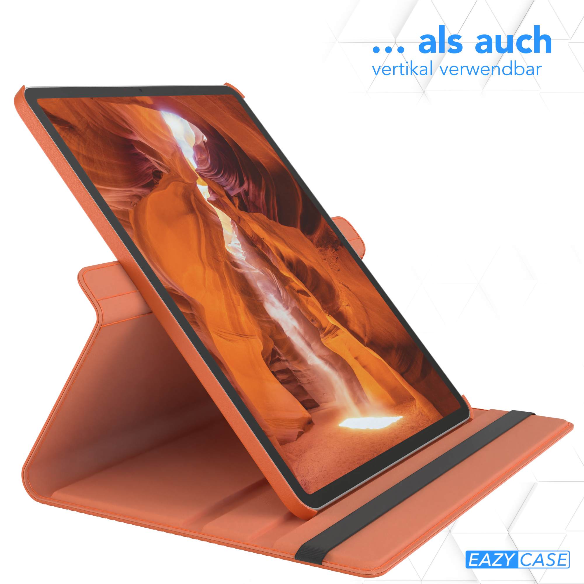 Ein orangefarbenes Tablet in einer Hülle, aufgestellt, vor blauem Hintergrund, mit schwarzem Rand.