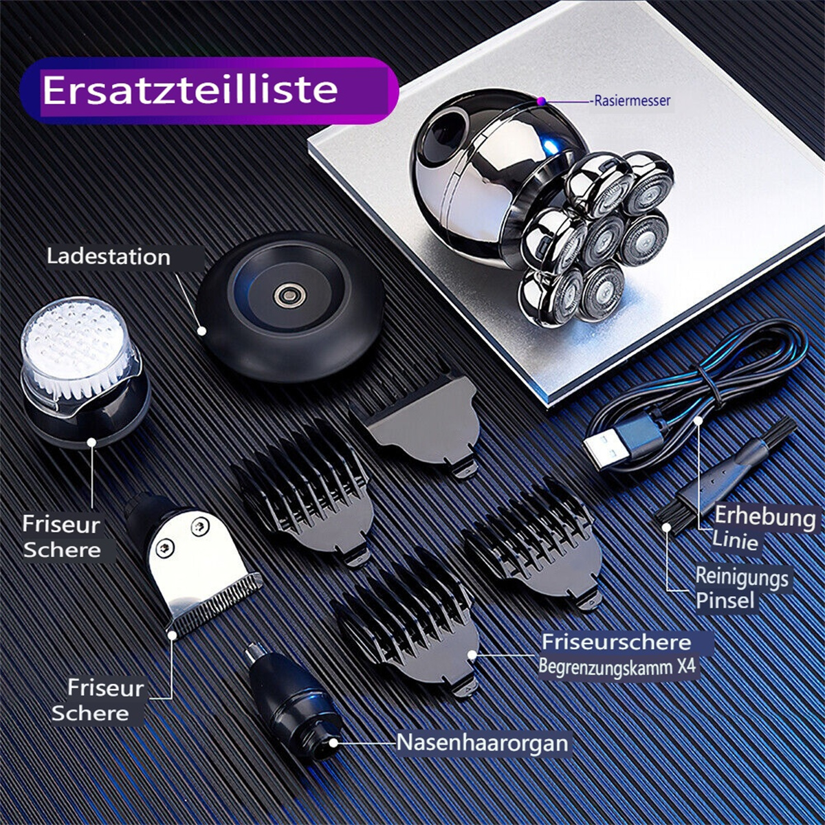 Ein Pflege-Set mit verschiedenen Aufsätzen, darunter Haarschneider, Trimmerköpfe und eine Bürste.
