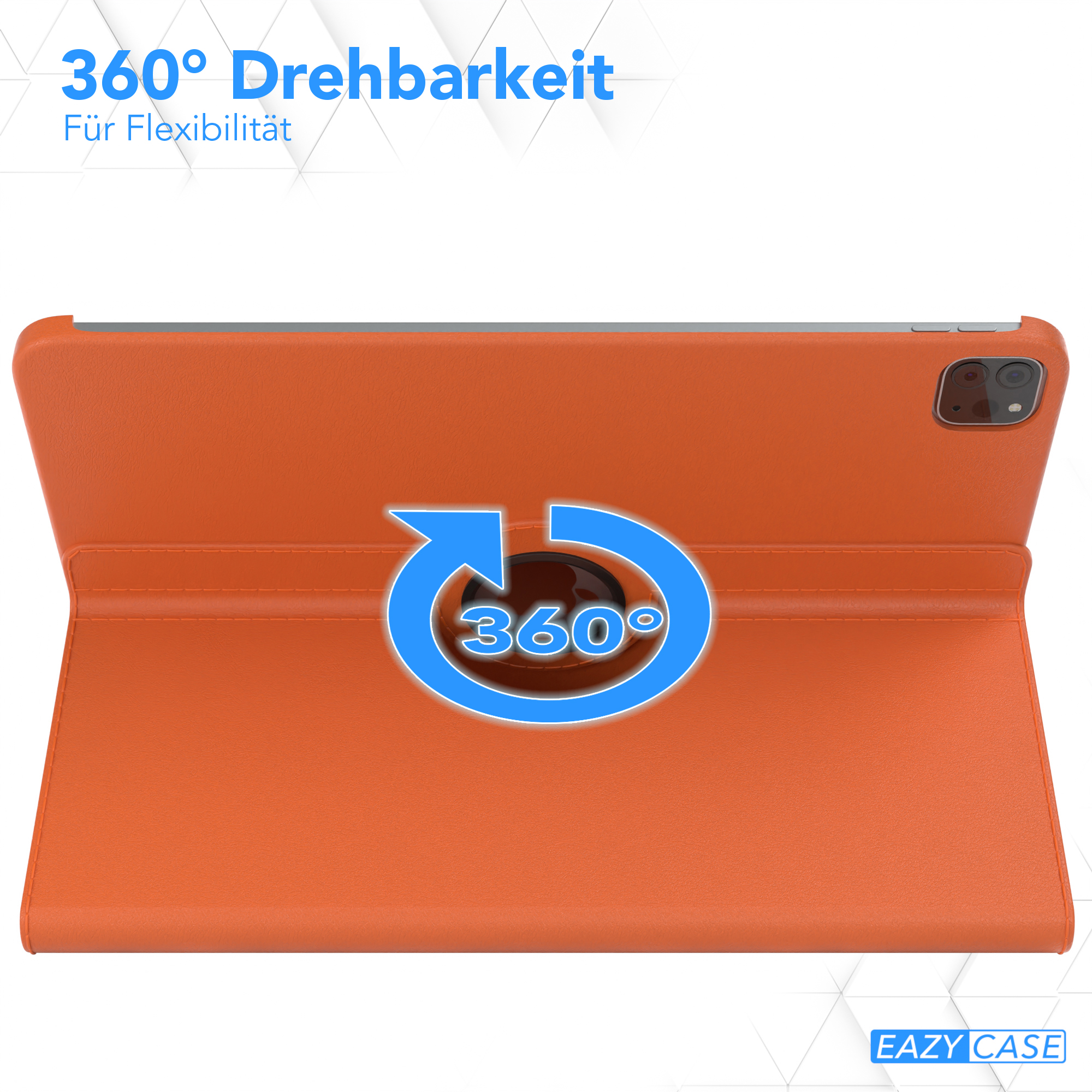 Orangefarbene Tablethülle, der Bildschirm zeigt einen 360-Grad-Dreipfeil.