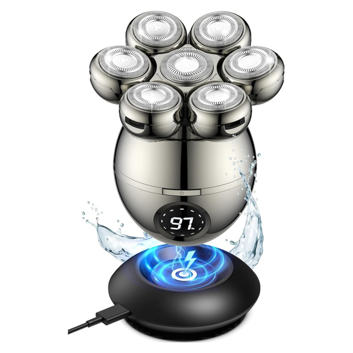 Ein silberner Elektrorasierer mit sieben Köpfen, digitaler Anzeige und Ladestation. Wasser spritzt.