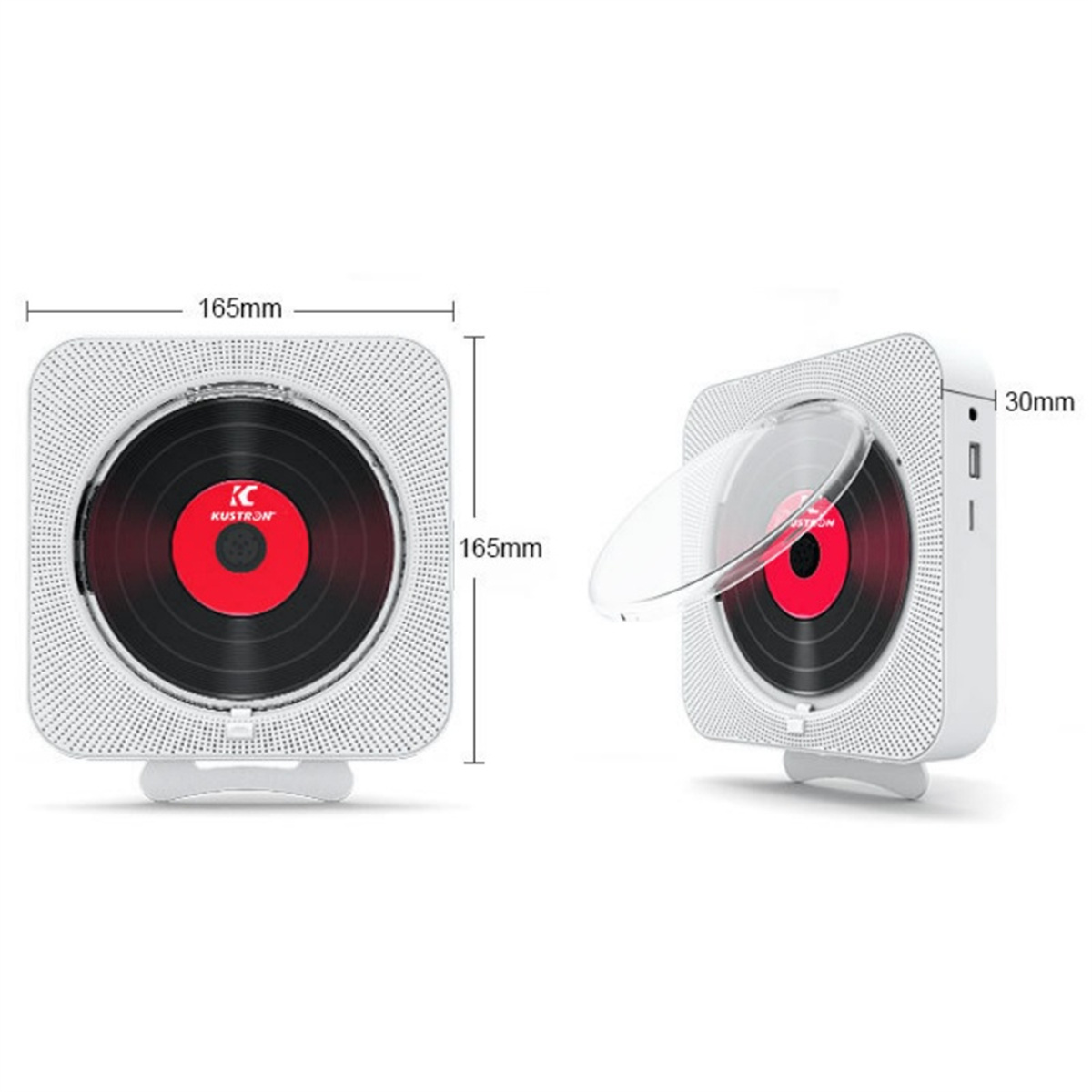 Weißer CD-Player mit Abmessungen. Offener Deckel zeigt rote CD.
