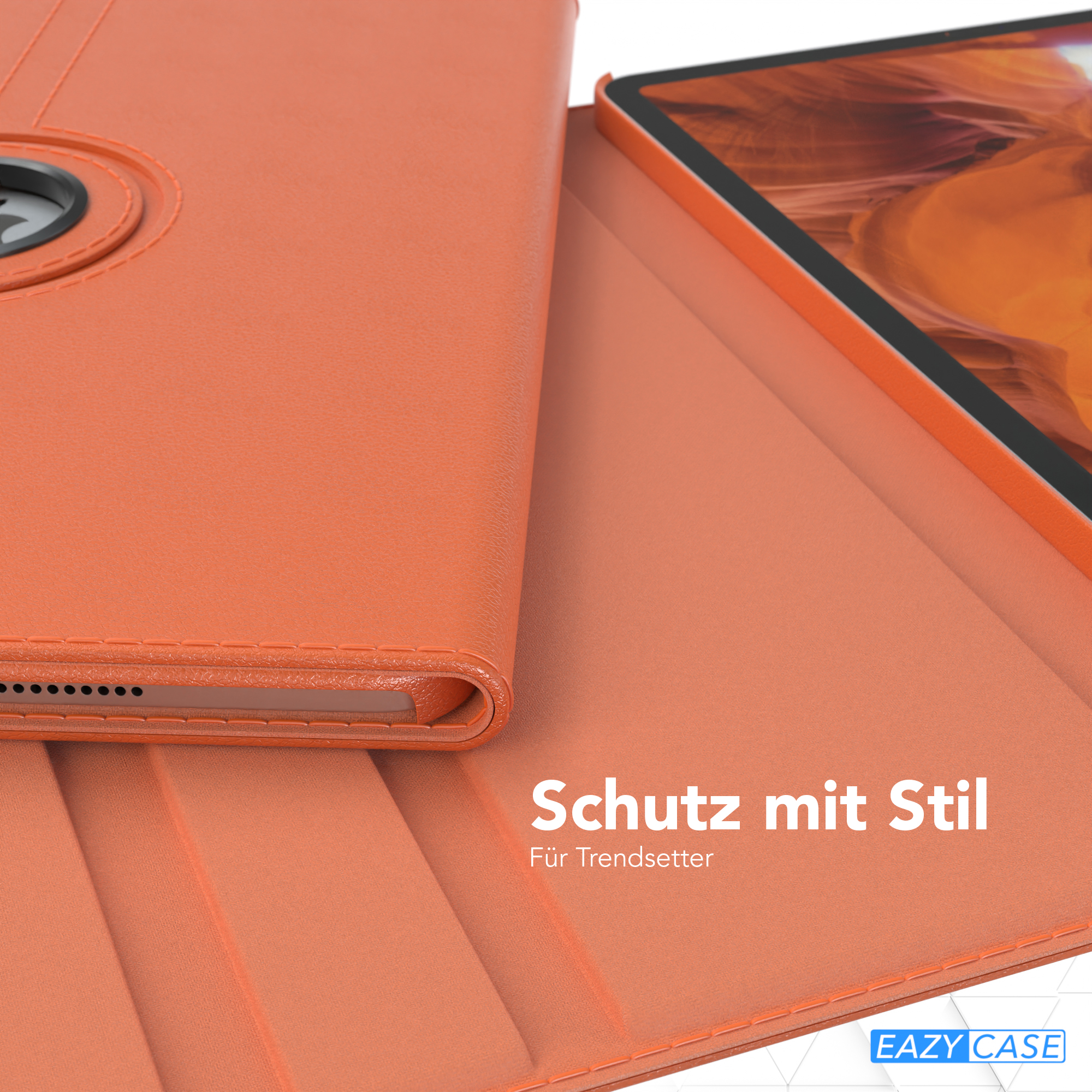 Orangener Tablet-Case mit Tablet. Oranger Deckel mit schwarzem Rand.