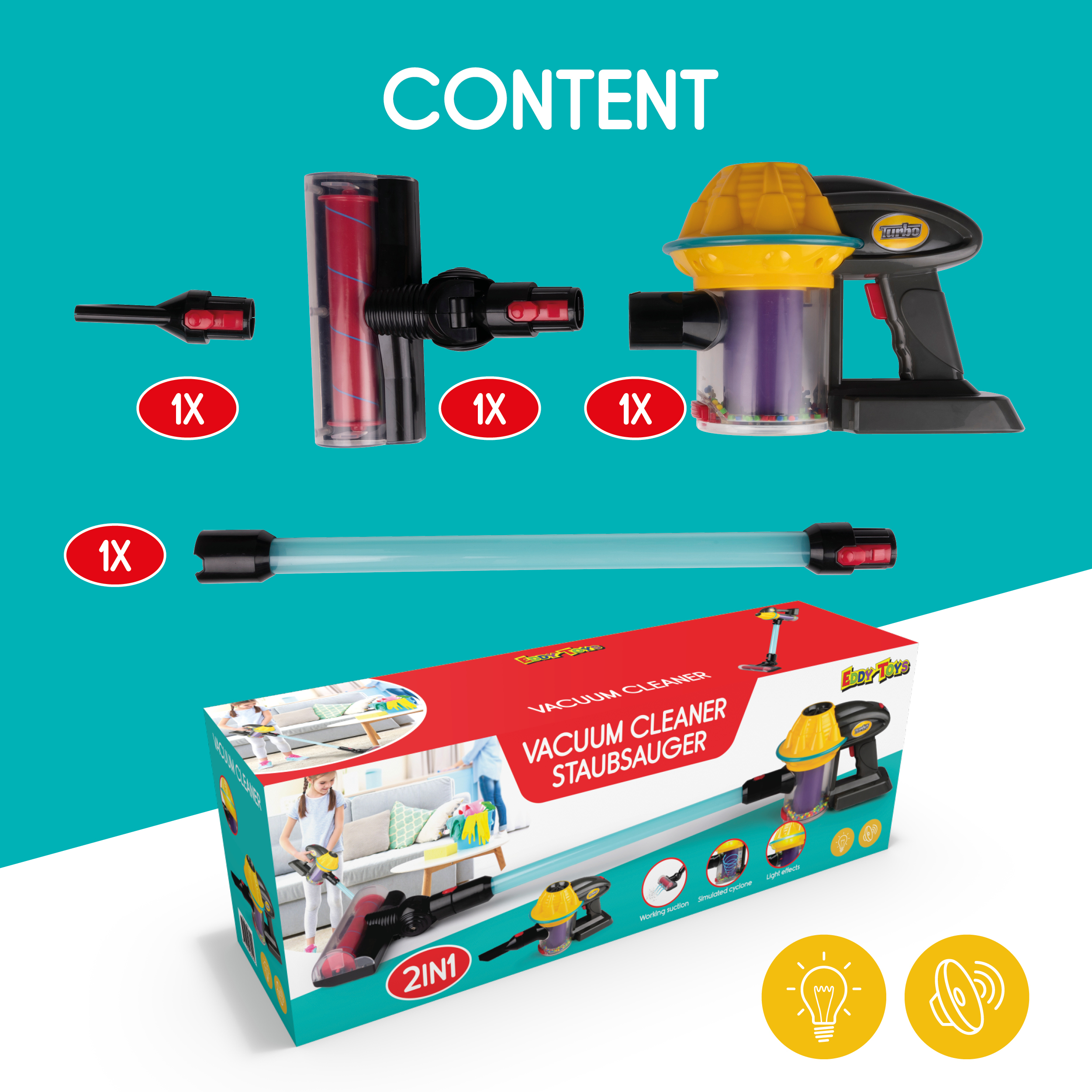 Vacuum cleaner parts and box. Text: Vacuum Cleaner, 2in1. Various parts are displayed.