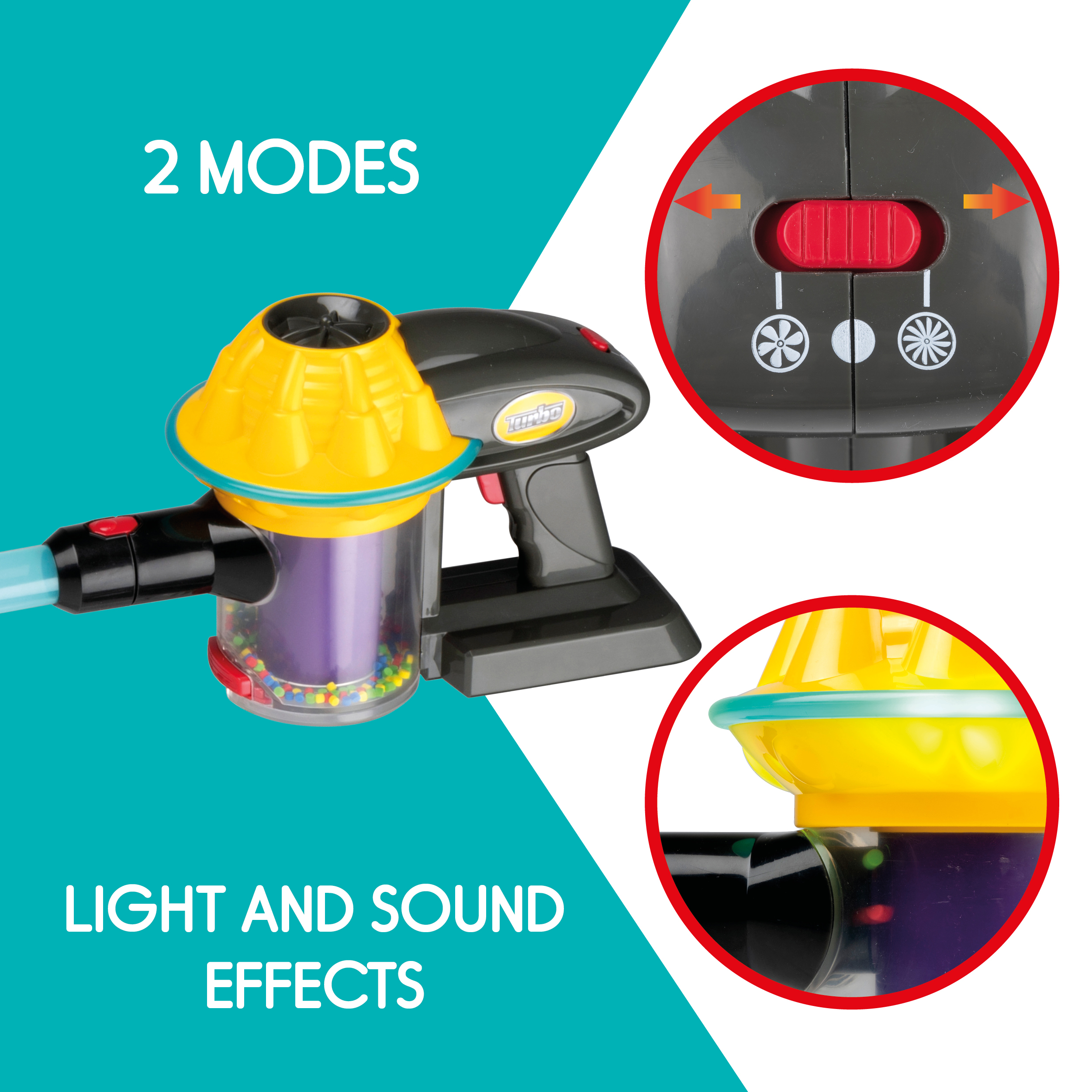 Toy vacuum cleaner with yellow top and black handle. It has light and sound effects.
