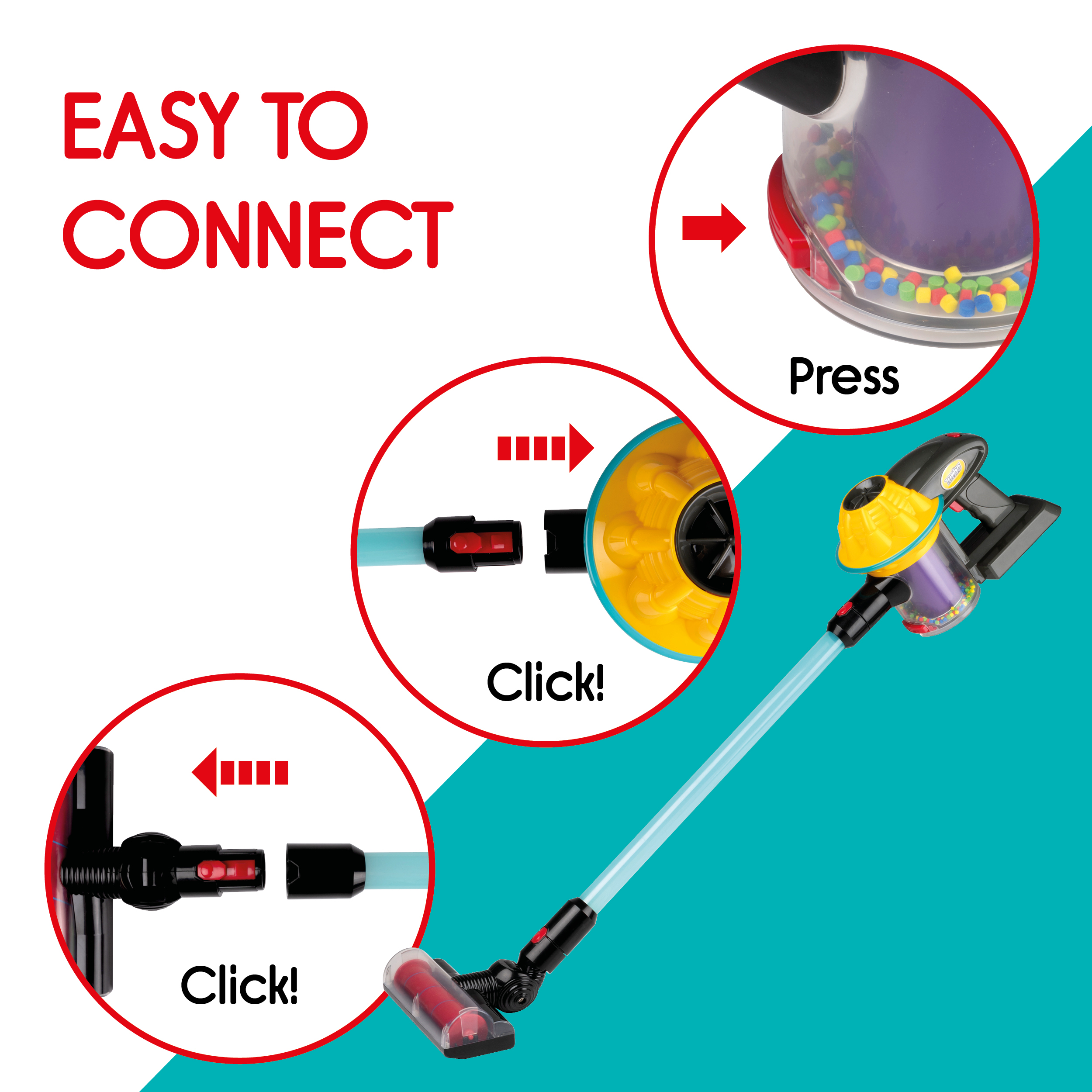 Toy vacuum cleaner. Instructions show how to connect parts. Red, blue, yellow and black colors.