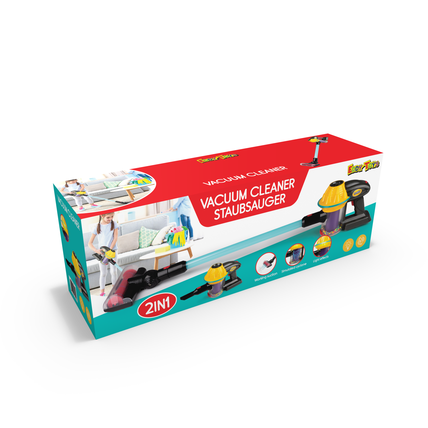 A colorful box of a toy vacuum cleaner with a picture of a child using it.