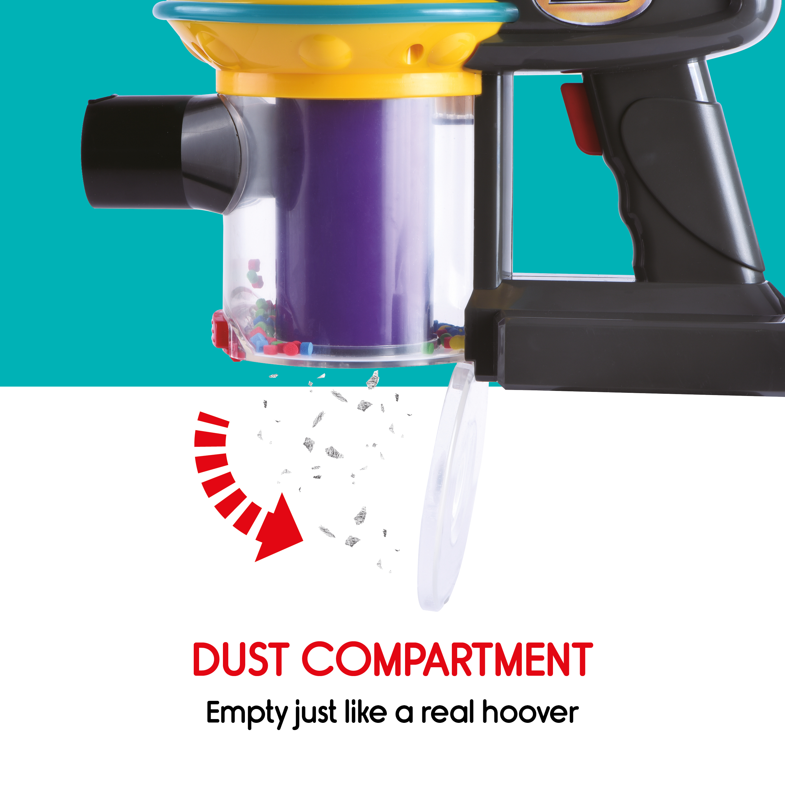 Toy vacuum cleaner with a red arrow pointing to the dust compartment. Text: Dust compartment.