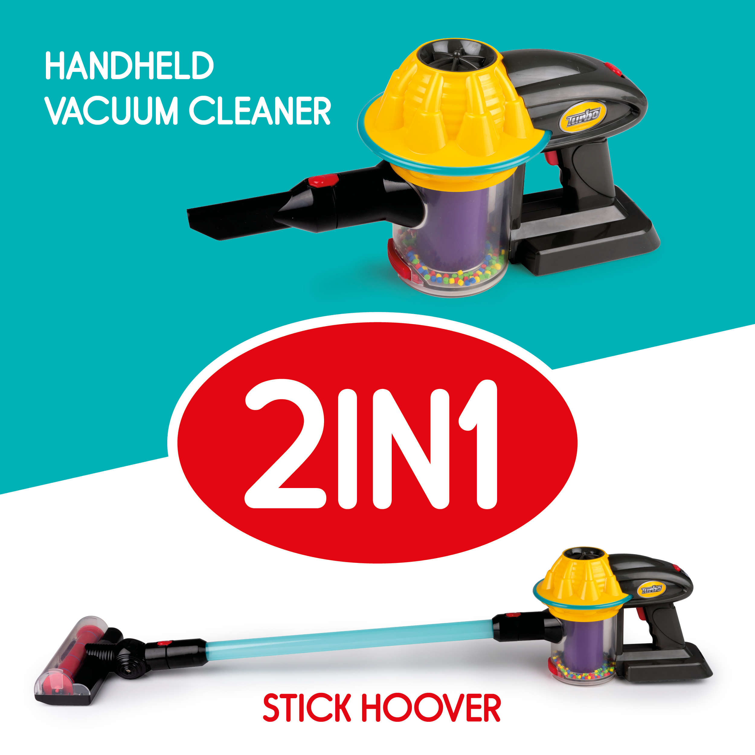 Handheld vacuum cleaner with black body, yellow top, and two cleaning modes.