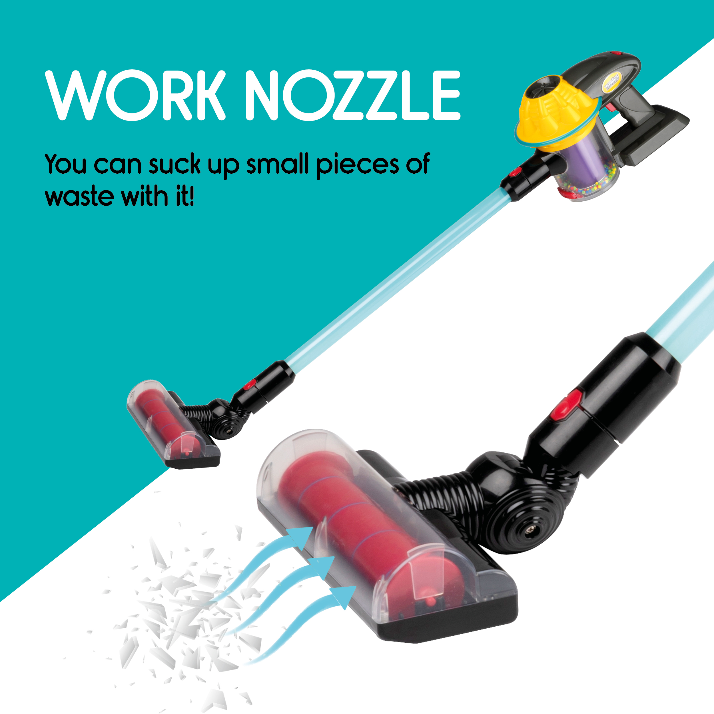 Toy vacuum cleaner with a red brush and blue arrows showing suction direction.