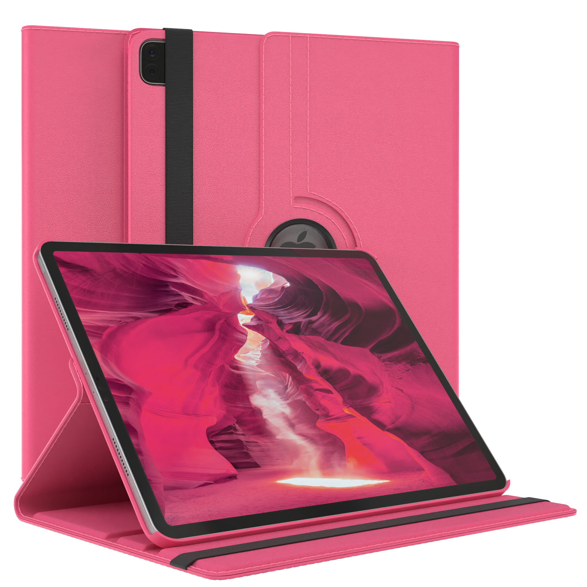 Eine rosa Tablettasche mit geöffnetem Tablet, das ein Canyon-Bild zeigt.