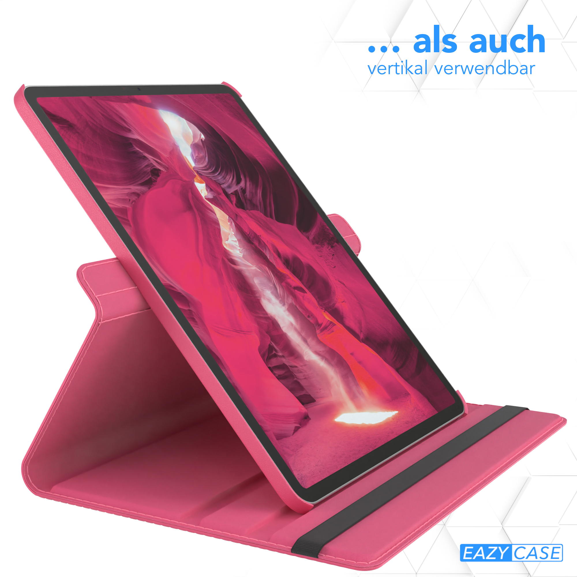 Eine rosa Tablethülle mit einem Tablet darin, auf einer rosa Oberfläche aufgestellt.
