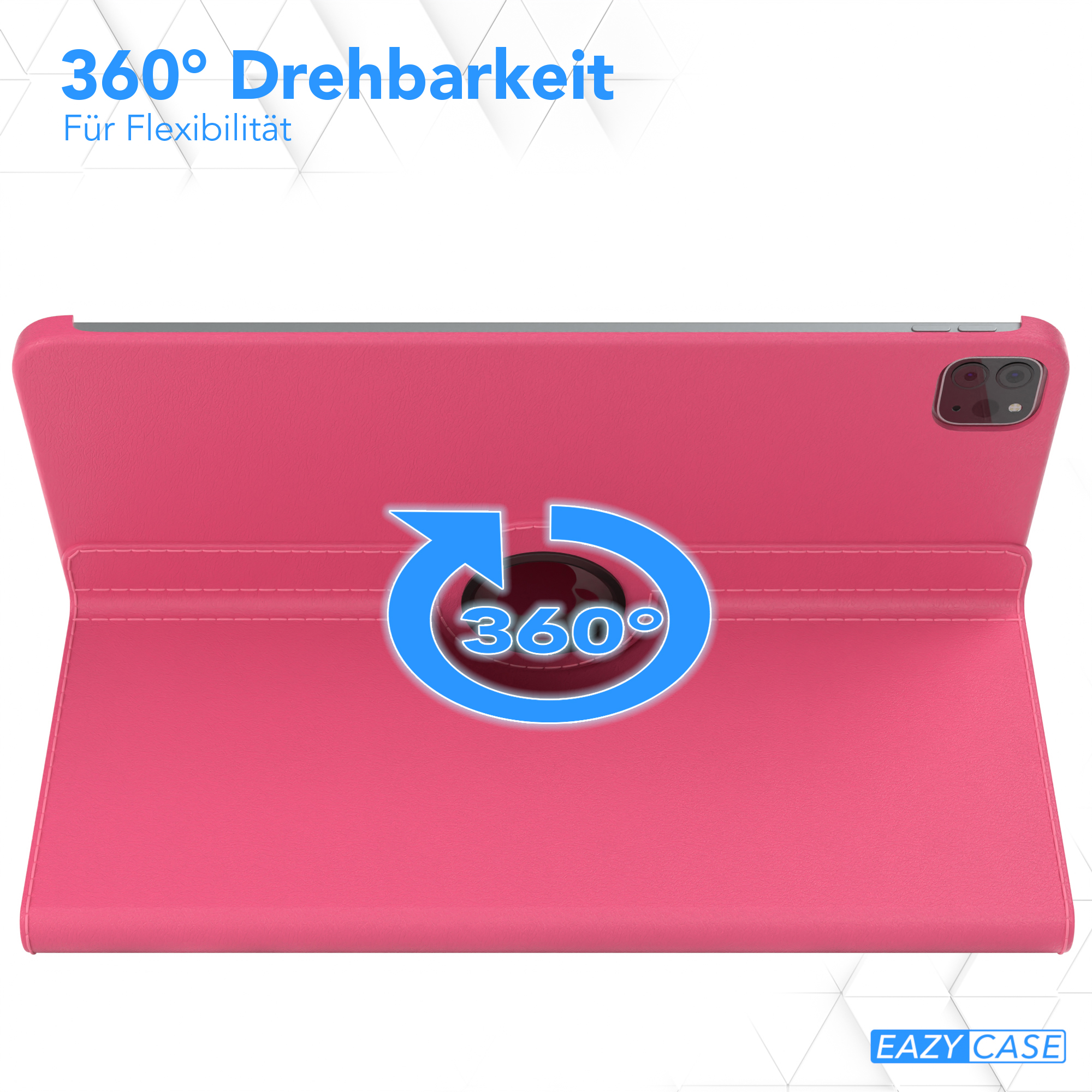 Eine pinke Tablethülle mit 360° Drehung und EAZY CASE Logo. Blauer Pfeil zeigt die Drehfunktion.