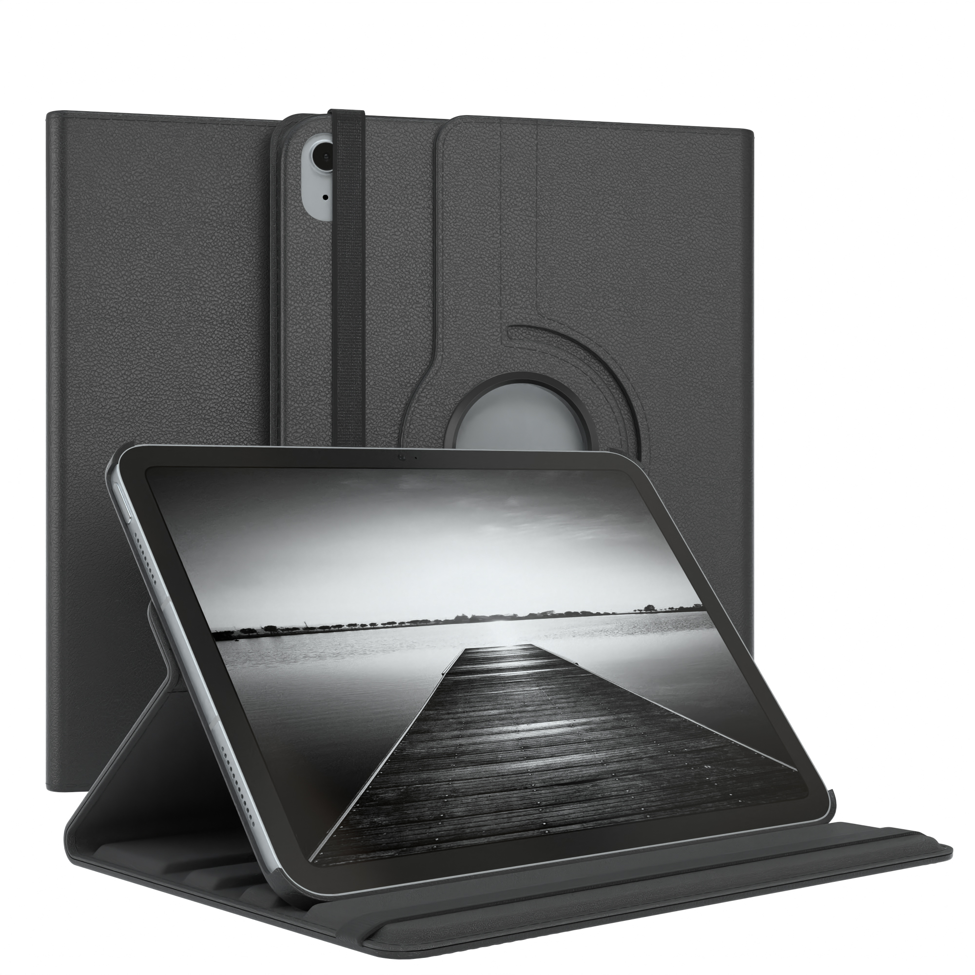 Ein schwarzes Tablet in einem Case, das eine Schwarz-Weiß-Landschaft zeigt.