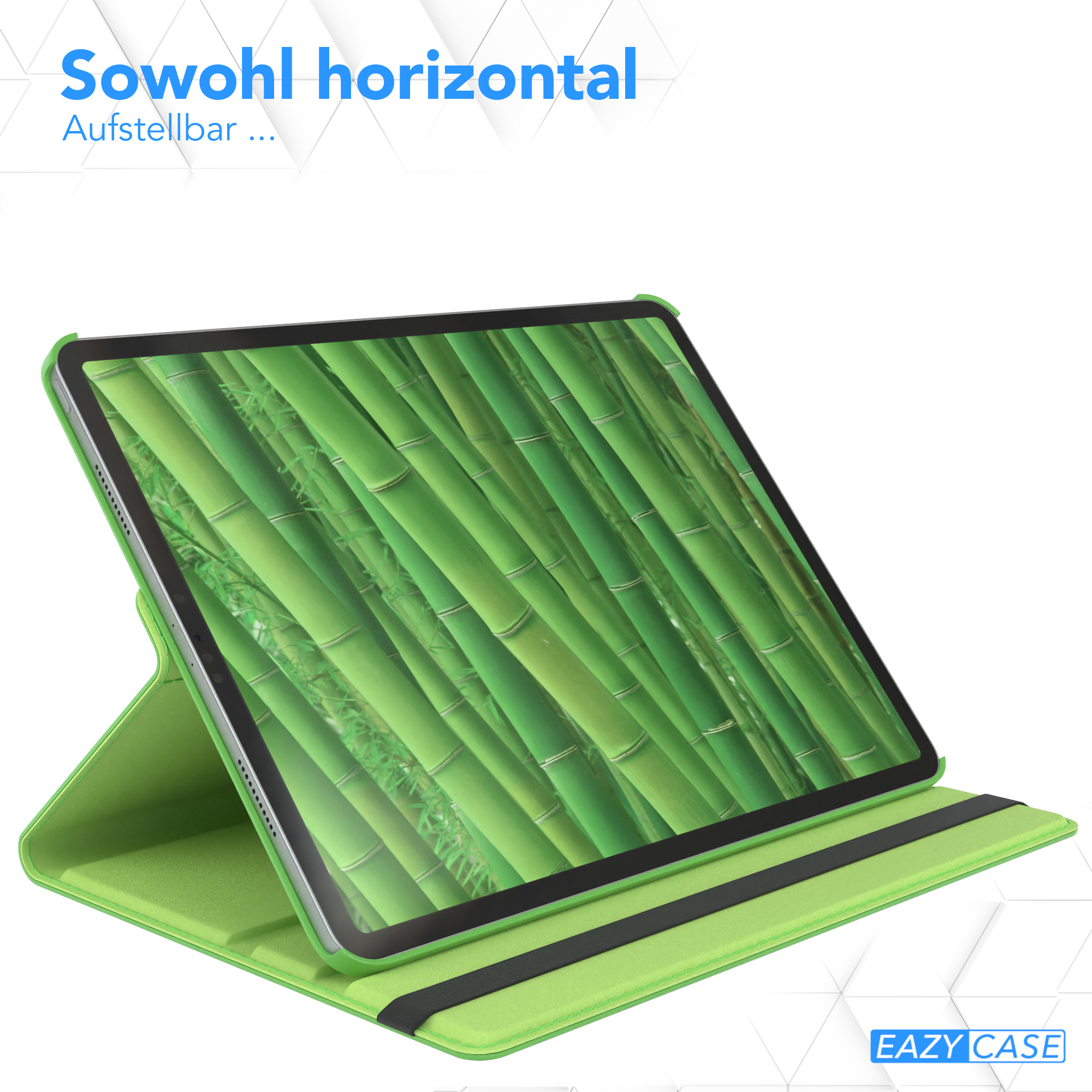 Grüne Tablethülle mit Tablet, das ein Bambuswald-Bild zeigt, auf hellgrüner Oberfläche stehend.