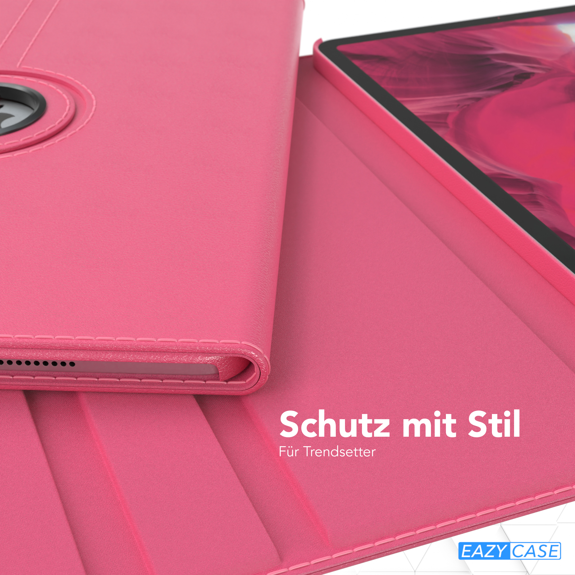 Eine pinke Tablet-Hülle. Text sagt 'Schutz mit Stil' und 'EAZY CASE'. Die Hülle ist pink.
