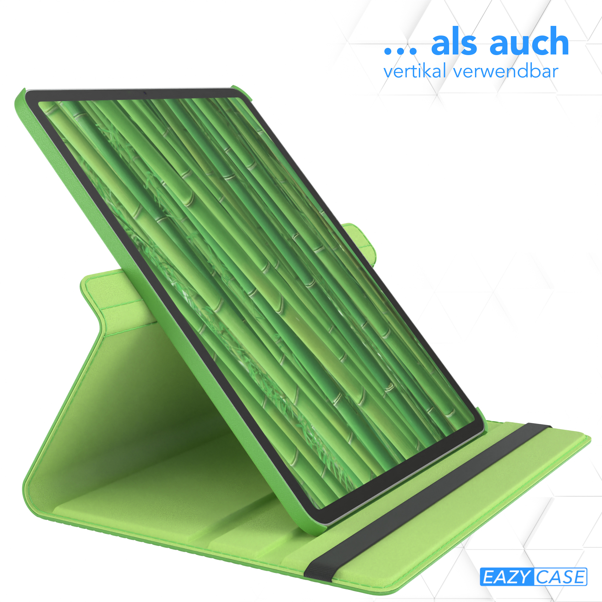 Ein grünes Tablet in einem grünen Case ist angewinkelt, das ein Bambusbild zeigt.