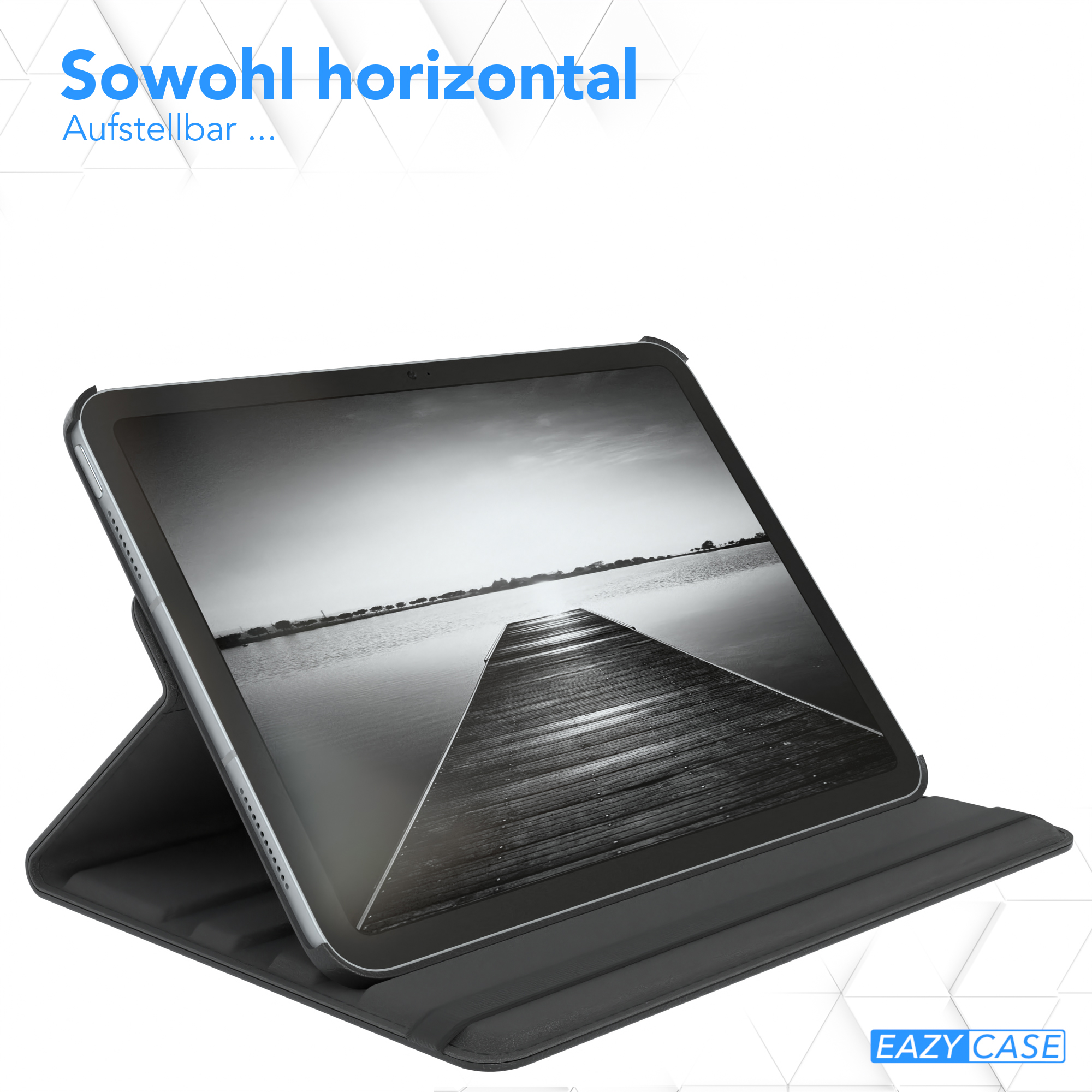 Tablet in einem Gehäuse, hochgestellt. Der Text oben lautet 'Sowohl horizontal'.