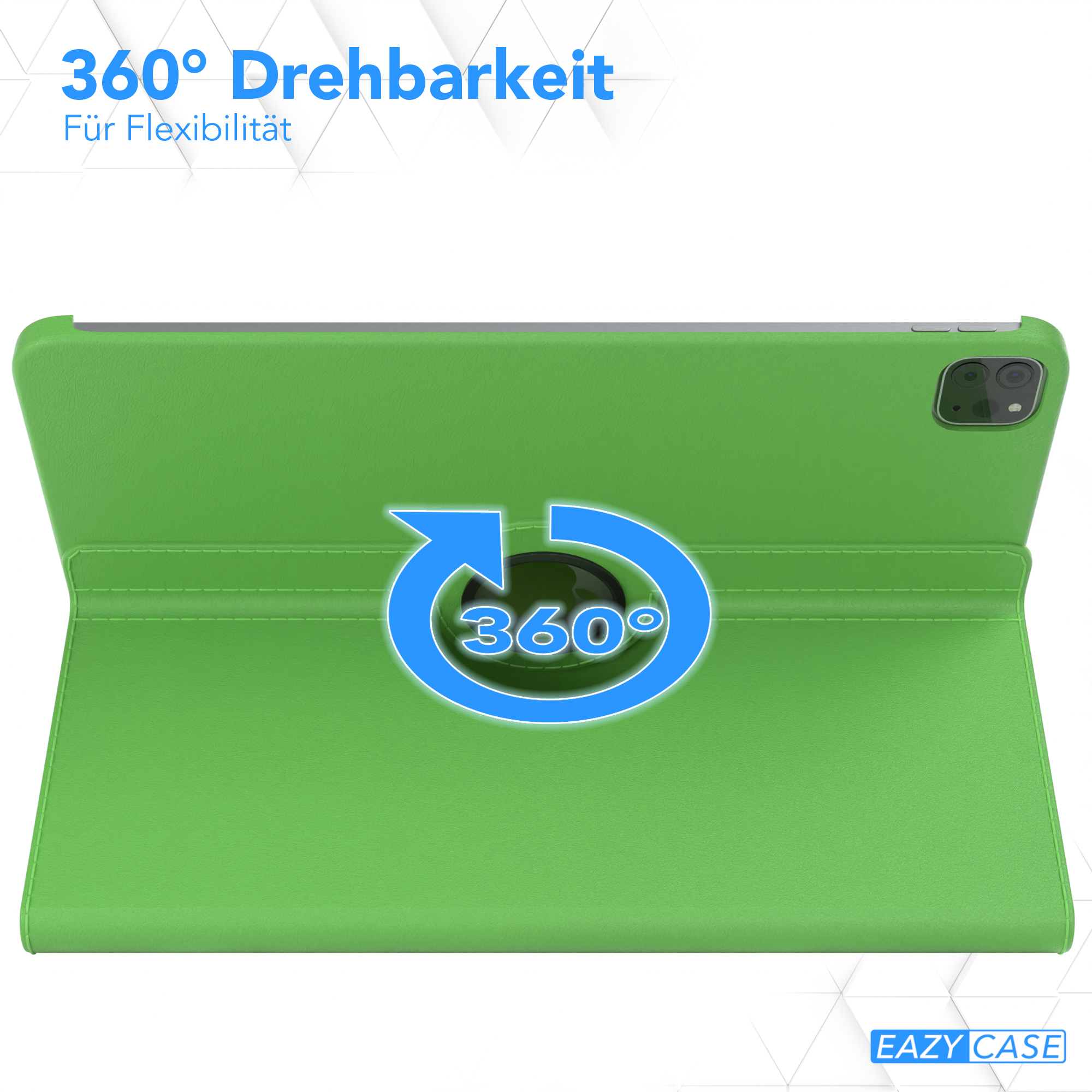 Eine grüne Tablethülle mit einem 360-Grad-Drehsymbol auf weißem Hintergrund.
