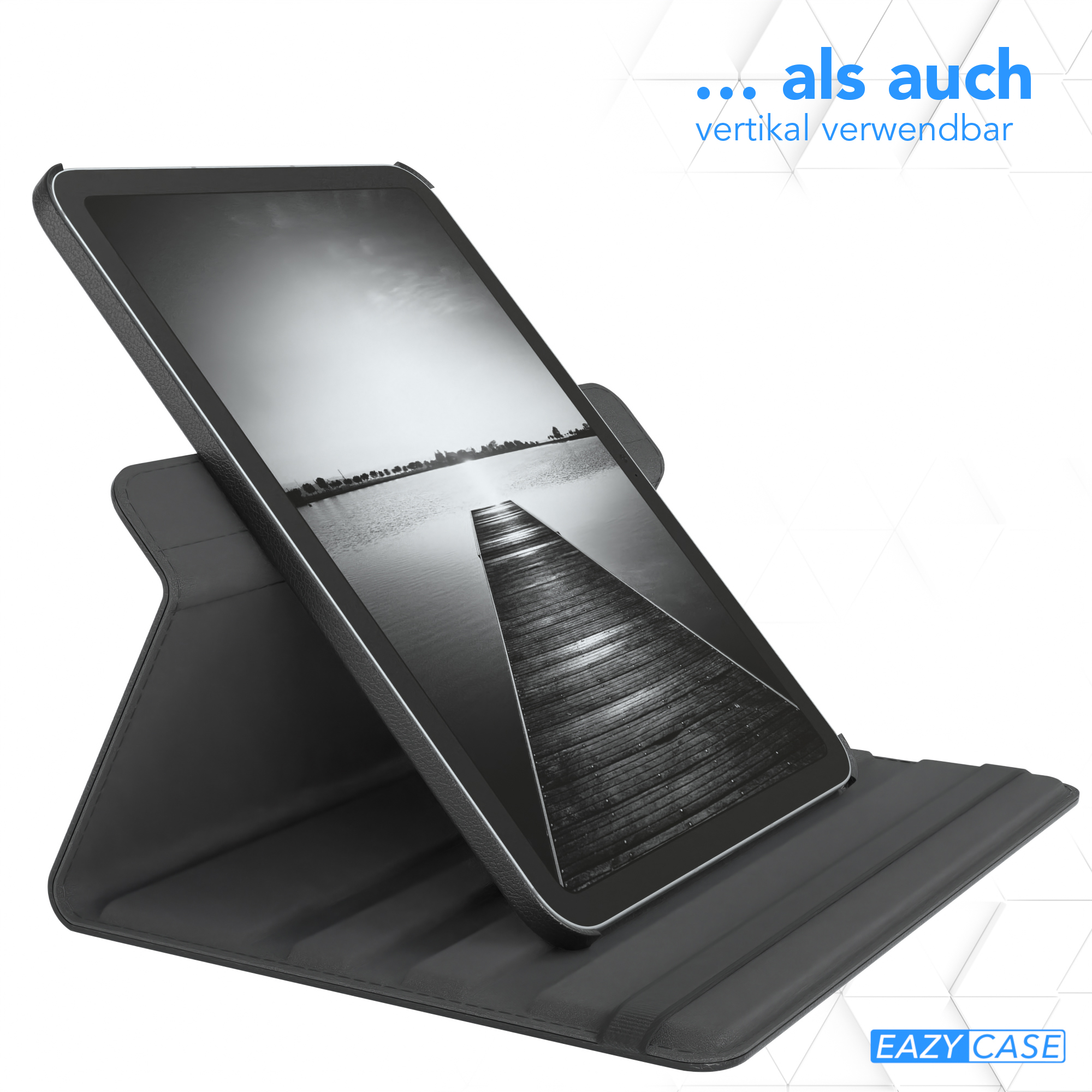 Schwarzes Tablet in einem Etui, das auf einem Ständer steht. Die Hülle kann vertikal verwendet werden.
