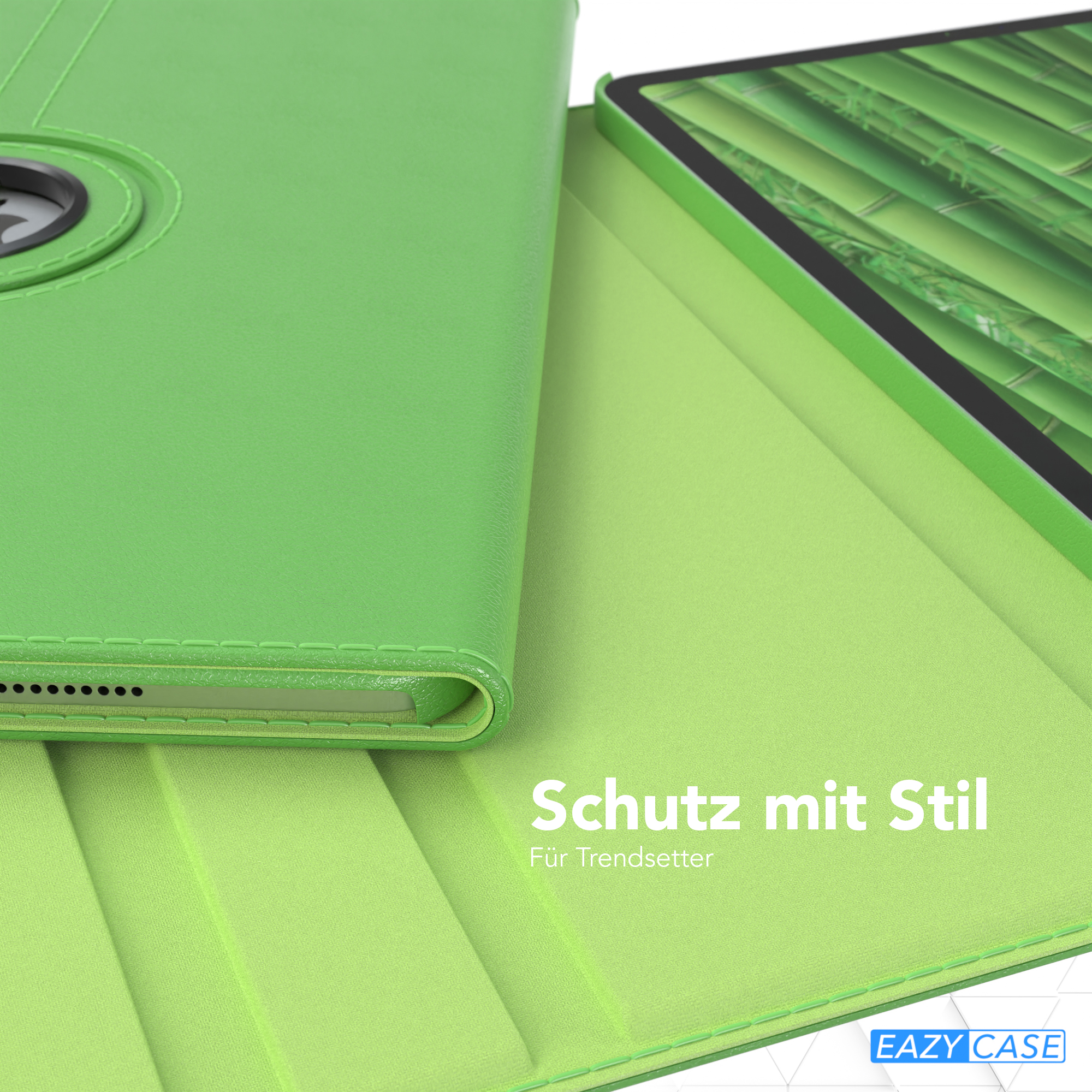 Grüne Tablet-Hülle. Die Hülle ist geöffnet und zeigt das Innere und das Tablet.