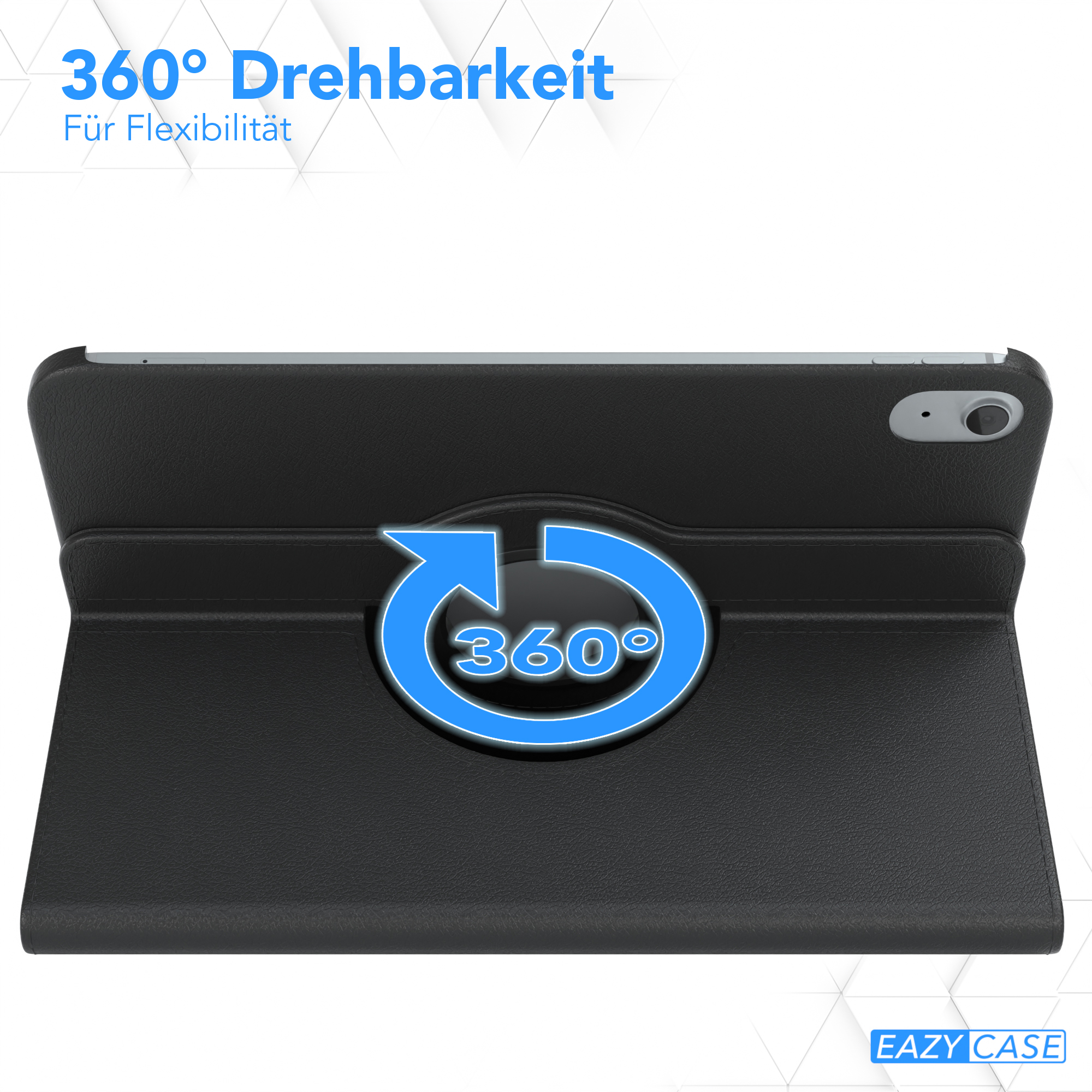 Eine schwarze Tablethülle mit 360-Grad-Drehfunktion. Der Text weist auf Flexibilität hin, und die Hülle liegt auf einem Tisch.