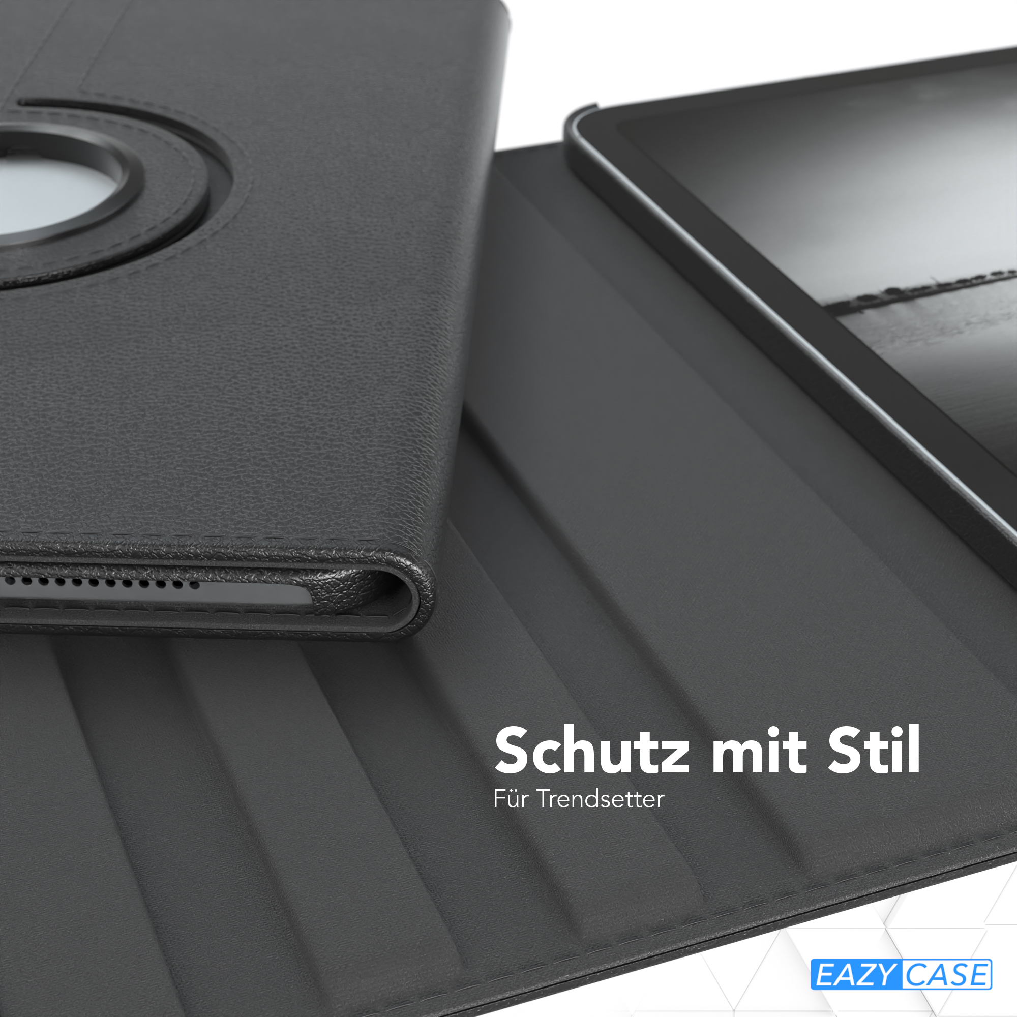 Schwarze Tablethülle mit drehbarem Ständer, teilweise geöffnet. Nahaufnahme von Tablet und Gehäuse.