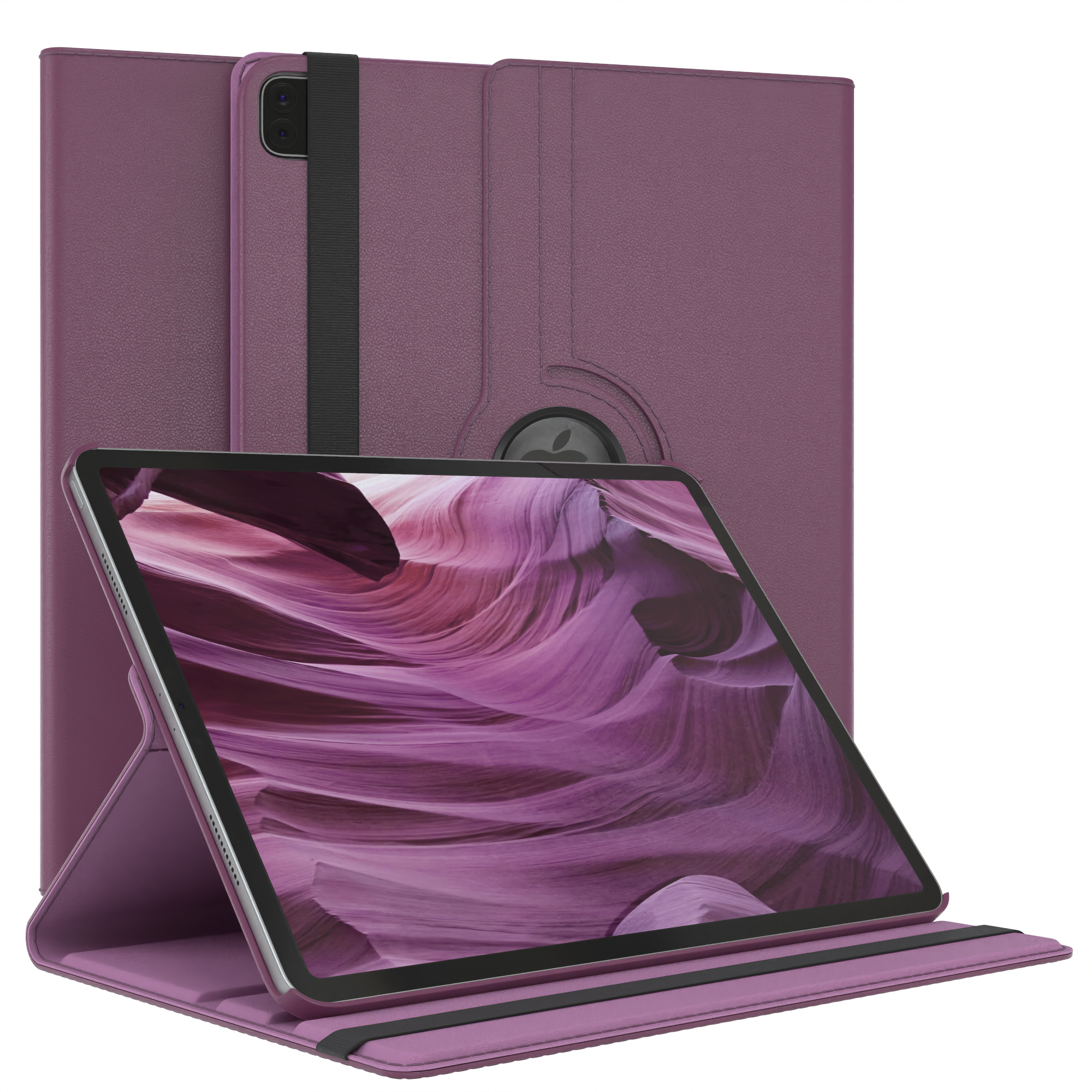 Lila Tablet mit Hülle, das ein Landschaftsbild zeigt.