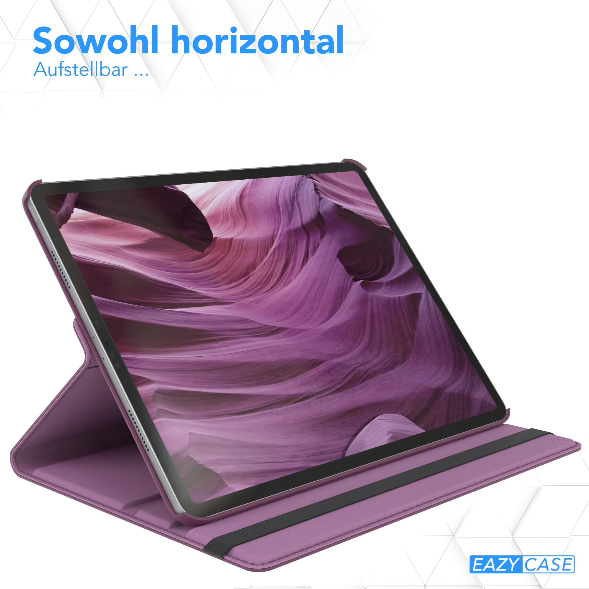 Lila Tablet-Hülle mit Tablet. Die Hülle ist offen und steht.