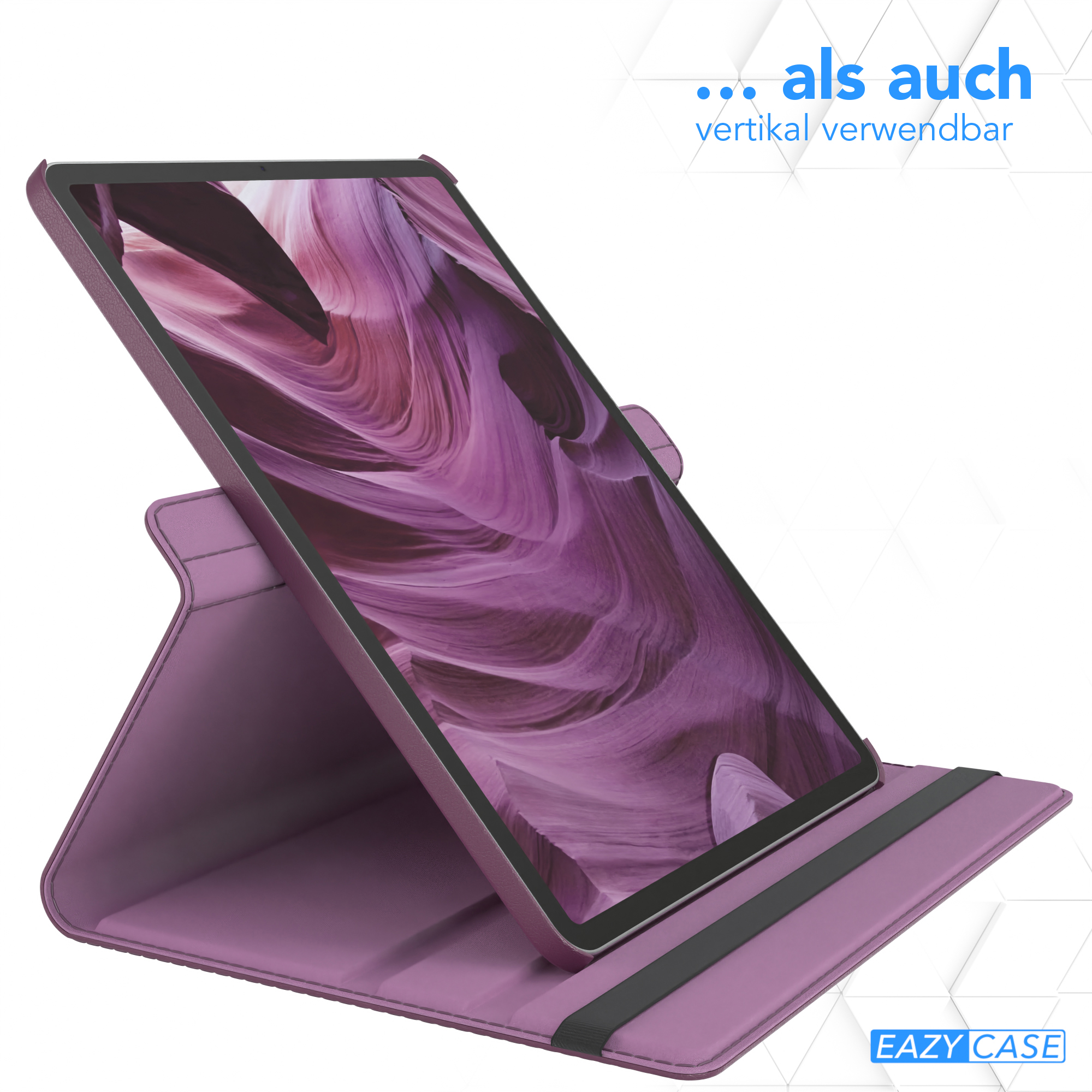 Lila Tablet in lila Hülle. Weißer Hintergrund. Tablet ist angewinkelt.