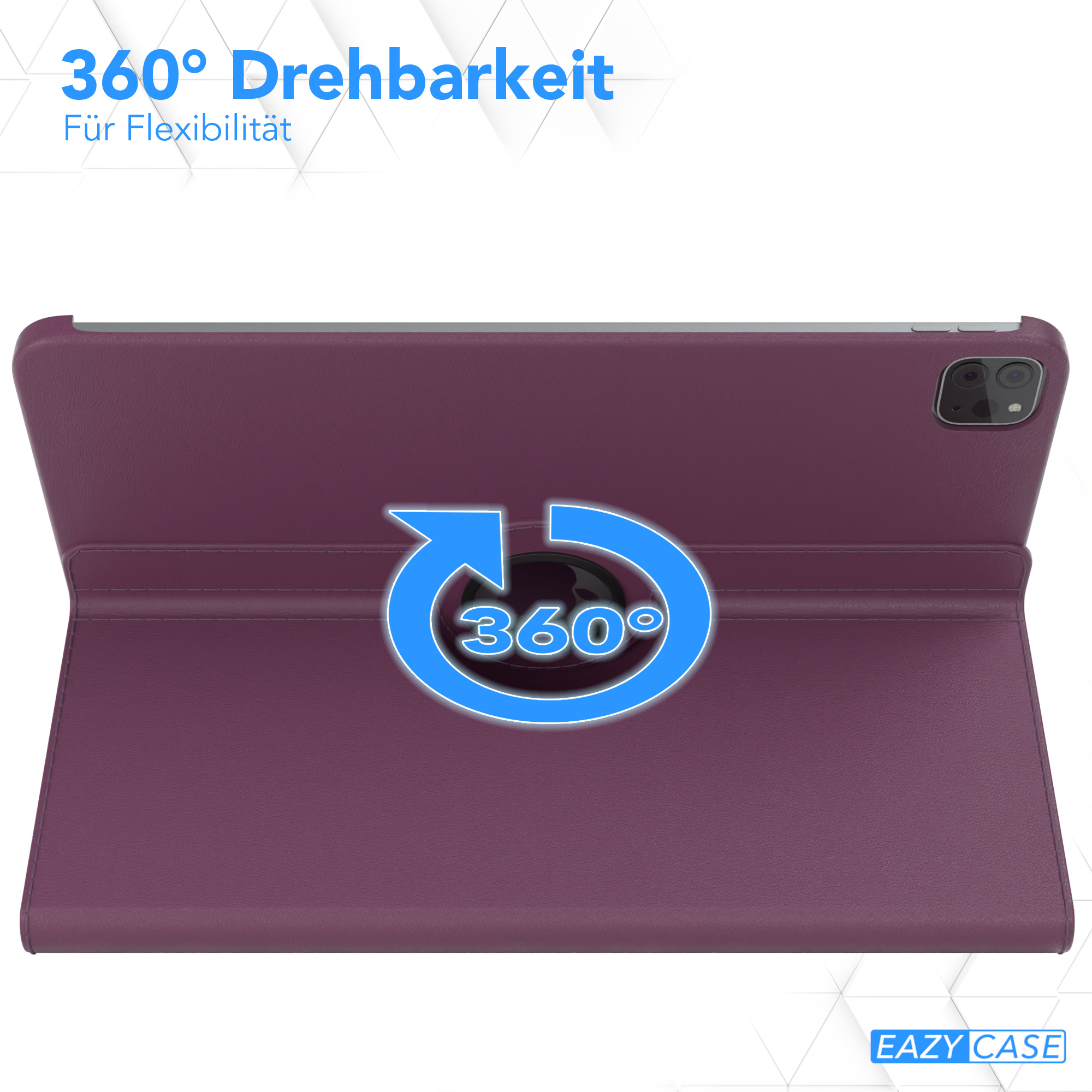 Eine lila Tablethülle. Sie hat eine 360°-Drehfunktion. Das EAZY CASE-Logo wird angezeigt.