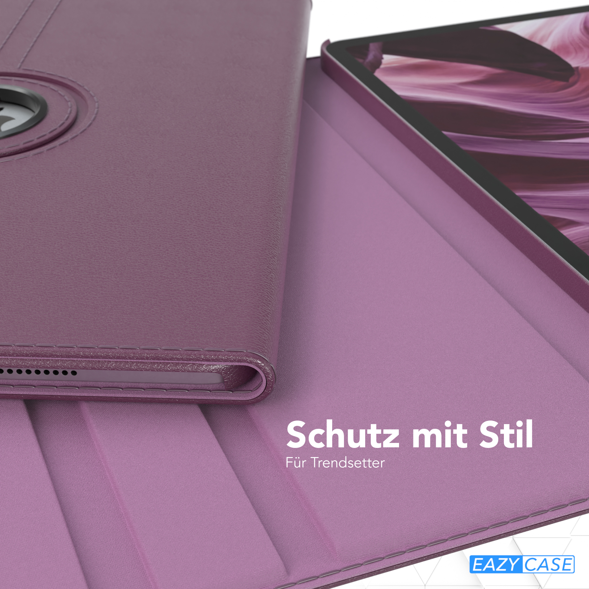Lila Tablethülle mit Tablet darin. Nahaufnahme.