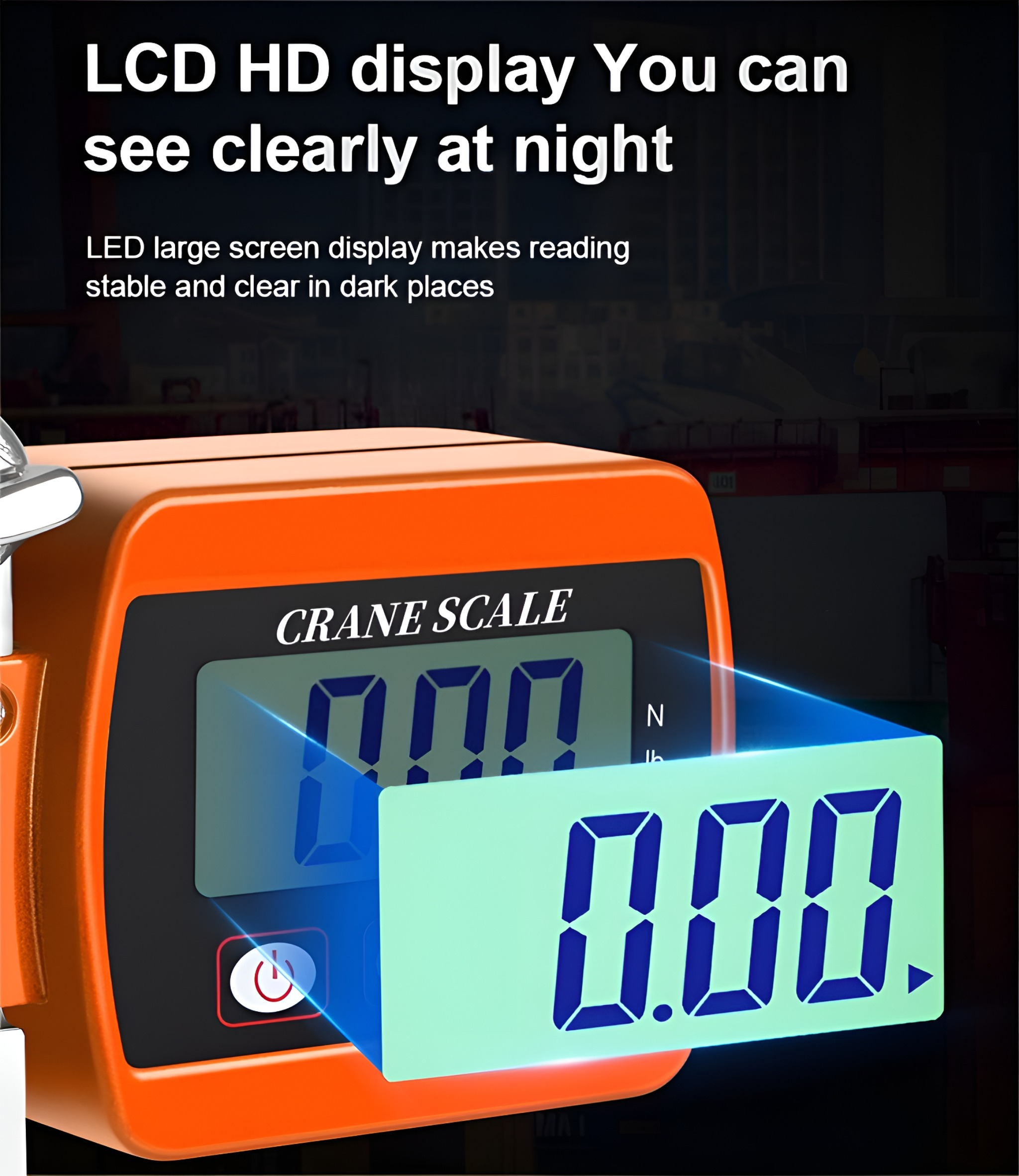 Orange Kranwaage mit Digitalanzeige, die 0,00 anzeigt. Text: LCD HD-Display, Sie können nachts klar sehen.