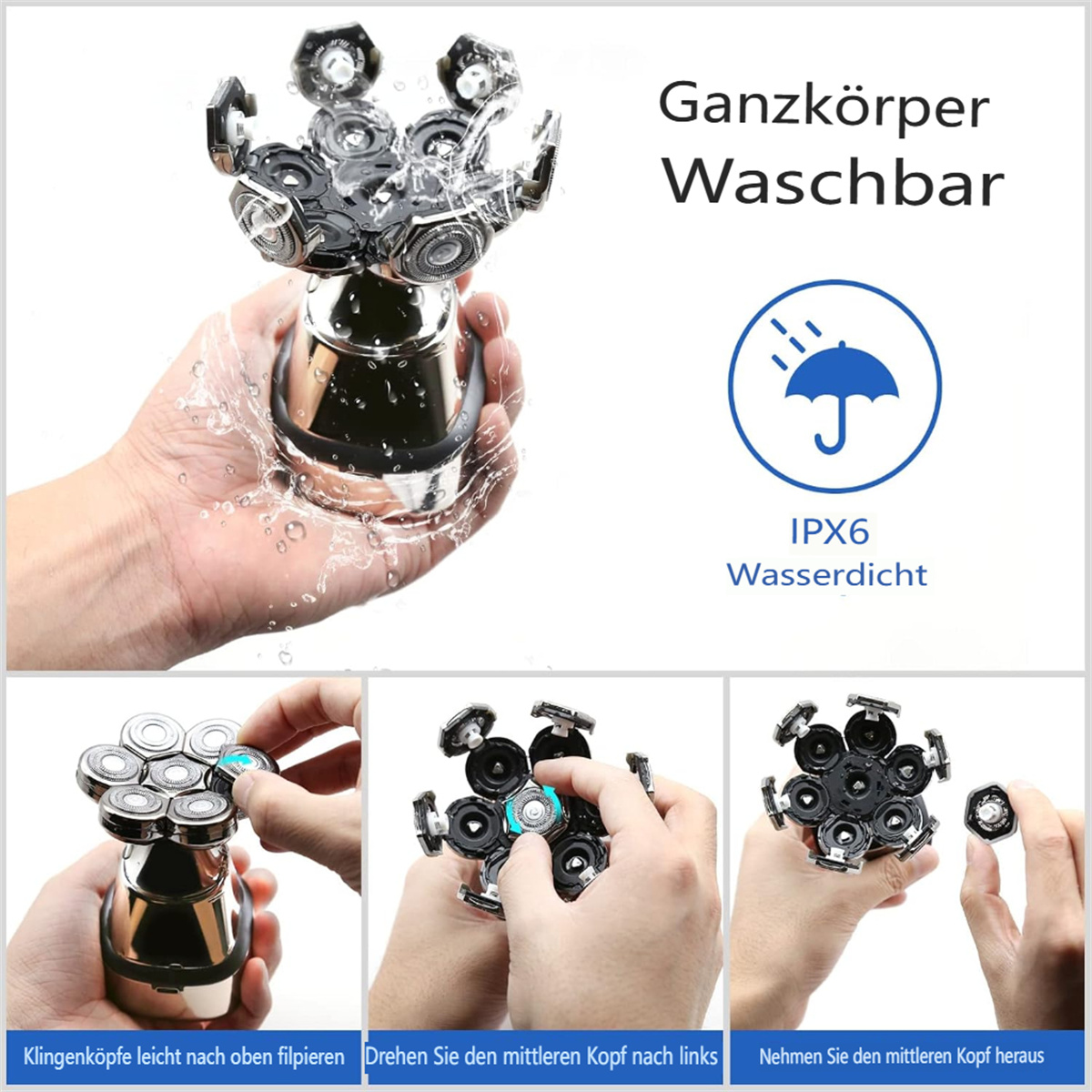 Ein silberner und schwarzer Elektrorasierer, der unter Wasser gespült wird, mit Diagrammen von Teilen.