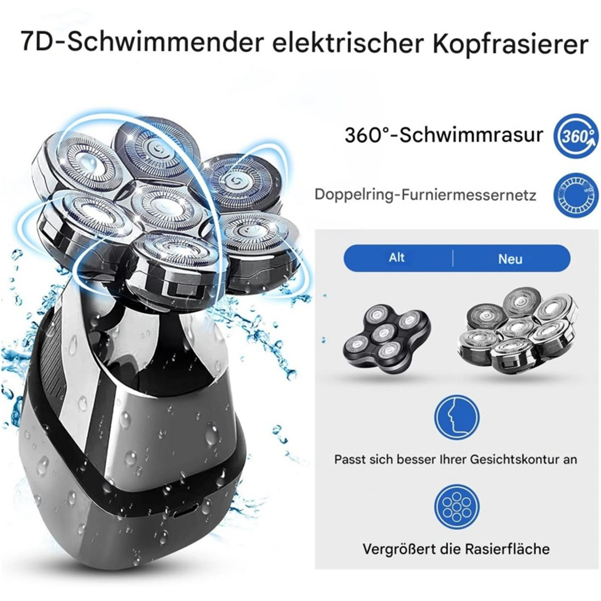 Elektrischer Rasierer mit sieben Köpfen und Wassertropfen, neben einem Diagramm mit Rasiererdetails.