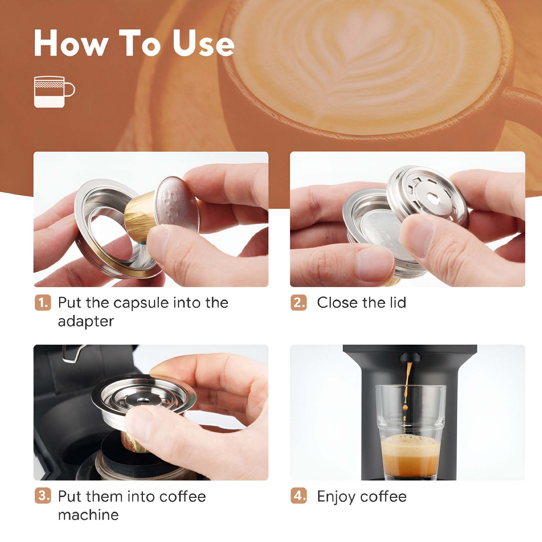 Vier Bilder, die zeigen, wie man eine Kaffeekapselmaschine benutzt. Schritt 1-4 Anweisungen.