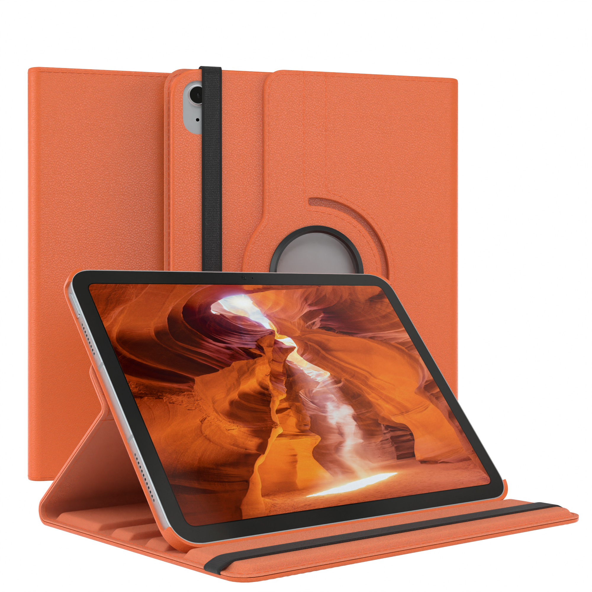 Orangene Tablethülle mit Tablet, das ein Canyon-Bild zeigt. Hülle ist offen, Bildschirm sichtbar.