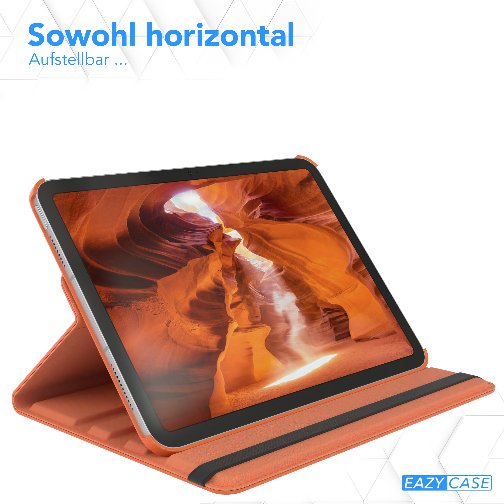 Orangene Tablethülle mit Tablet darin, horizontal aufgestellt.