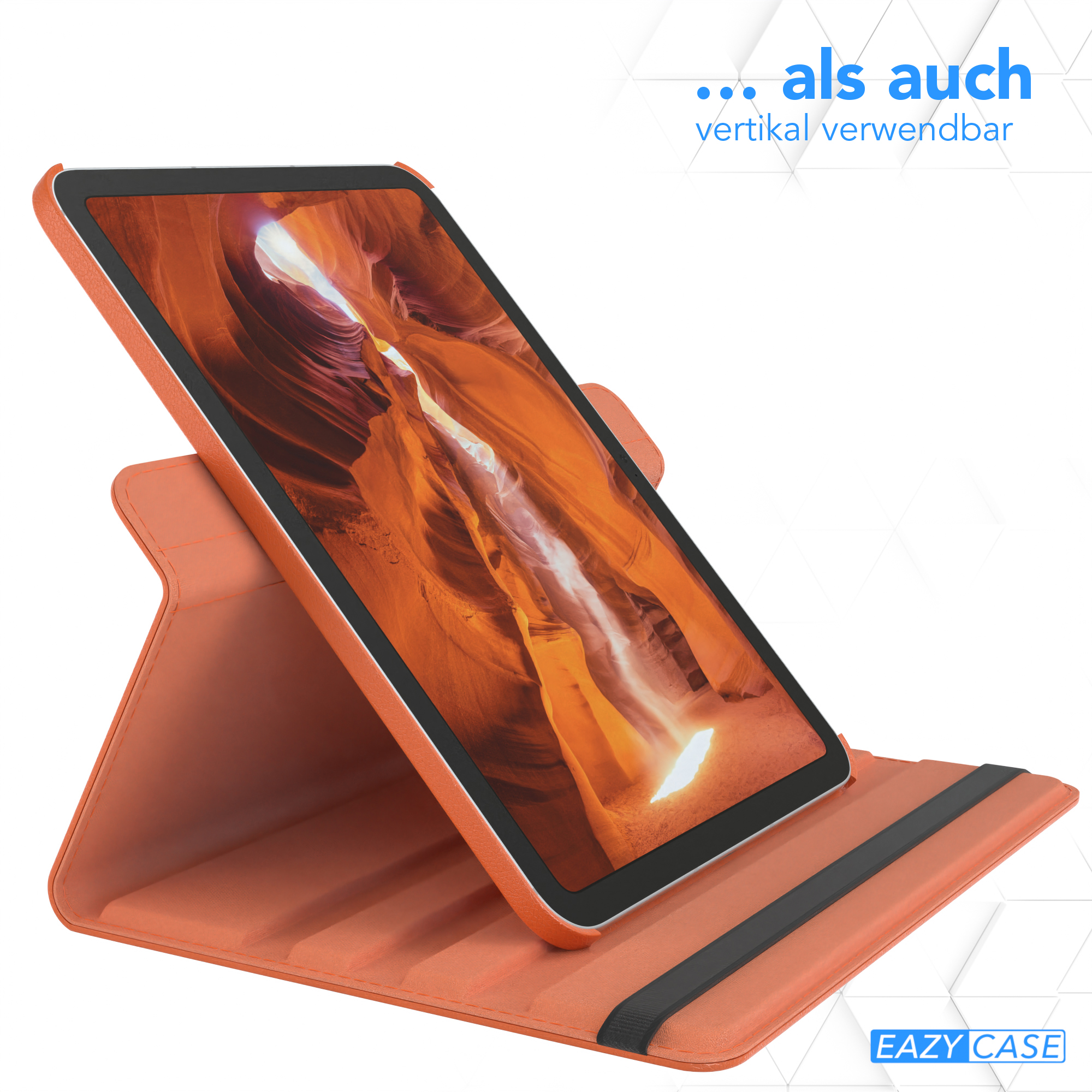 Orangene Tablethülle, die ein Tablet unterstützt. Text sagt: '...als auch vertikal verwendbar'.