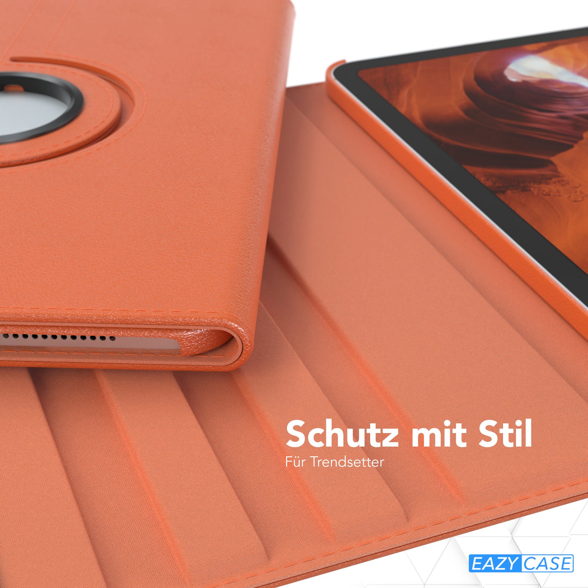 Orange Tablethülle mit Tablet. Die Hülle ist offen.
