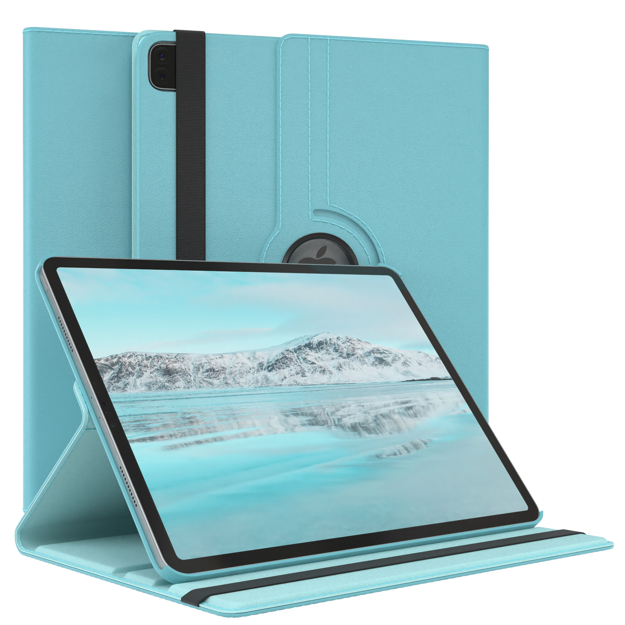 Blaue Tablethülle mit Tablet auf weißem Hintergrund.